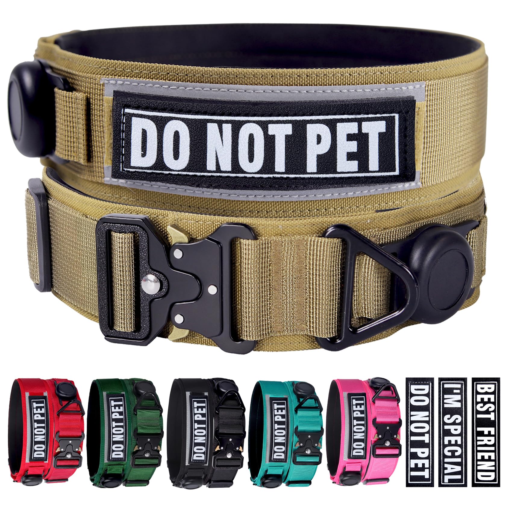 AirTag, Collare tattico militare per cani, largo 5,1 cm, con supporto AirTag e 3 toppe per animali domestici, morbido collare imbottito in nylon impermeabile con fibbia in metallo, per cani