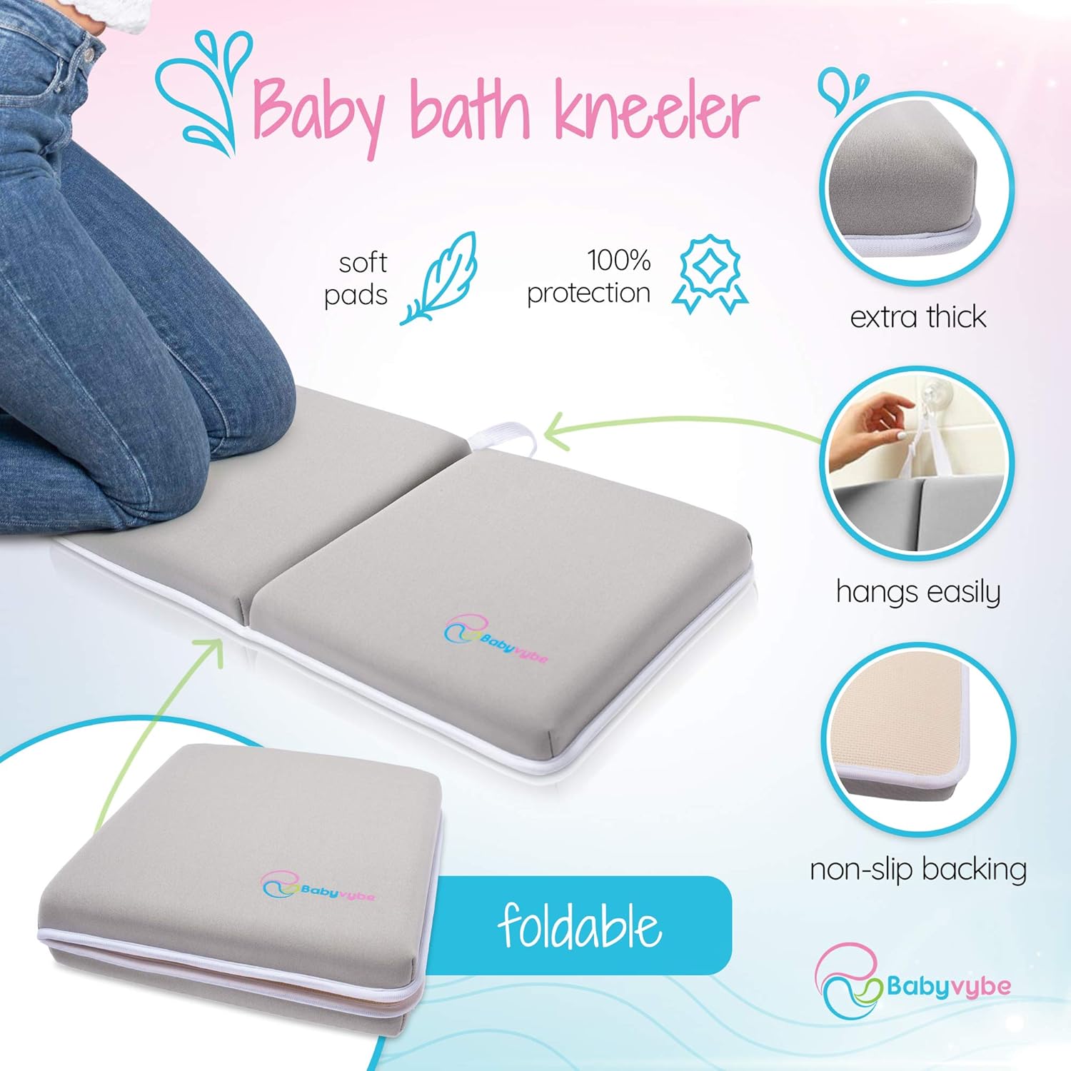 Baby Bath Kneeler and Elbow Rest Pad - Thick Kneeling, Non-Slip 1.5 Inch Support Cushion for Knees and Elbows with Travel Bag