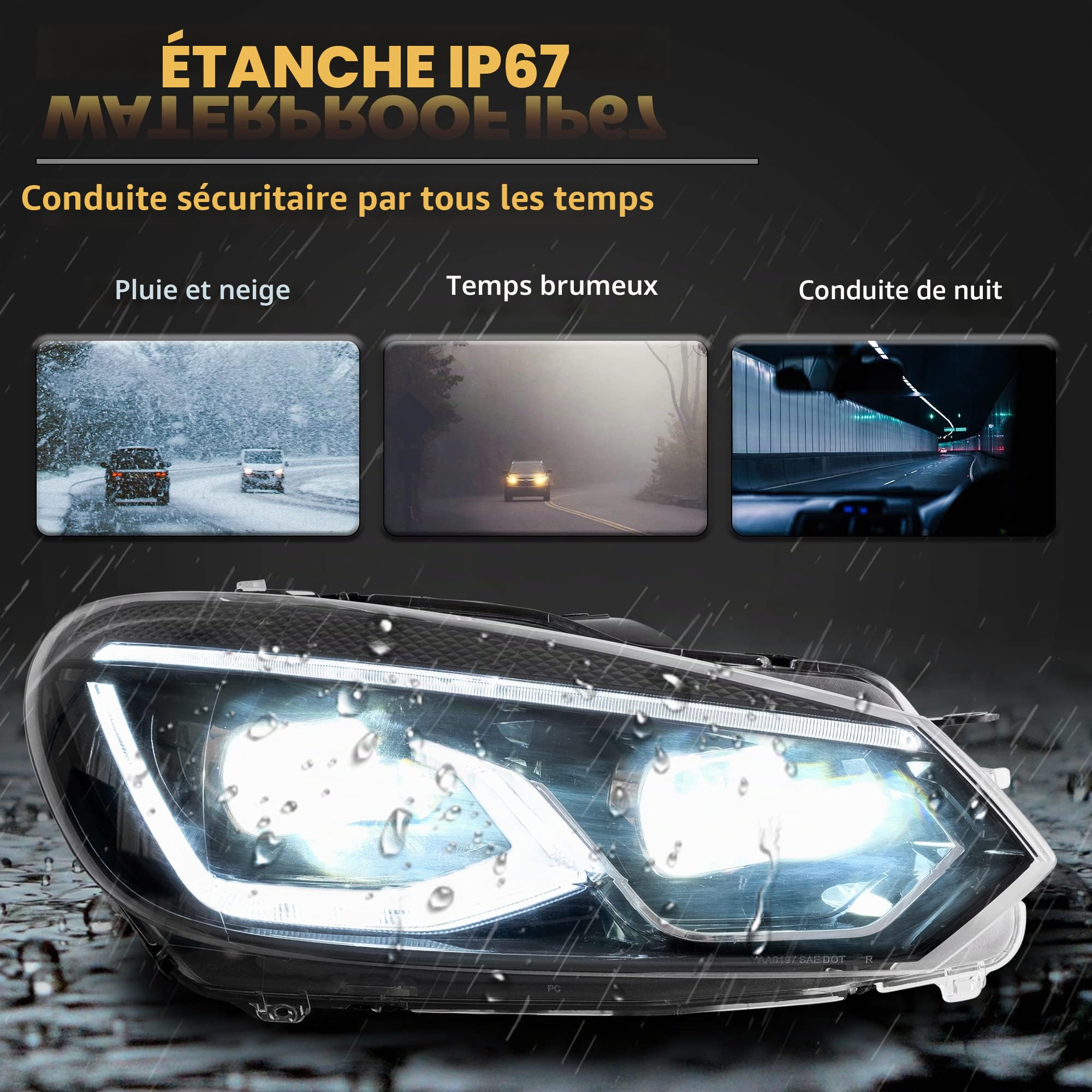 VLAND Phare LED pour Golf 6 Golf VI TSI 2008-2013 [Uniquement pour halogène], avec animation dynamique, ampoules non incluses