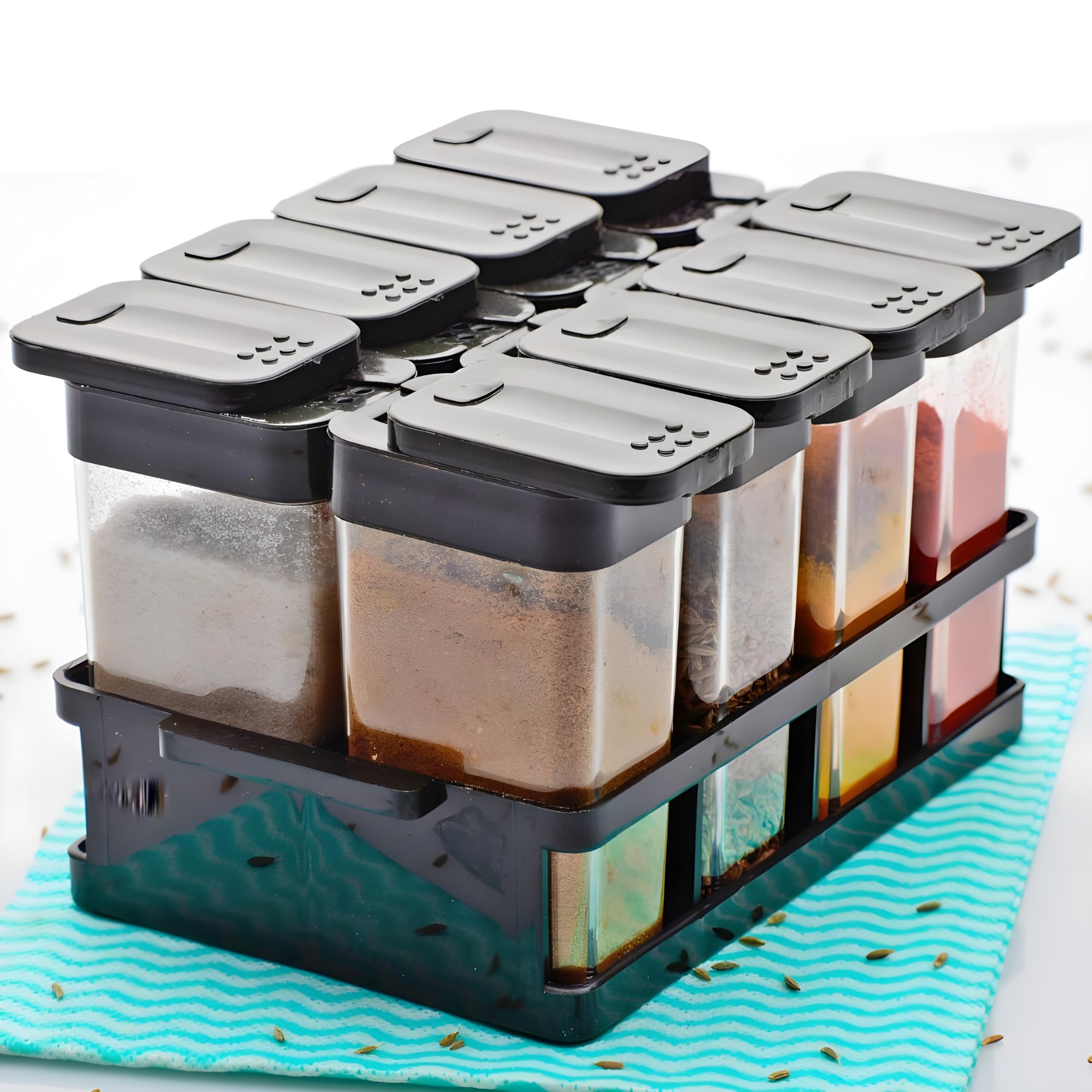Meteor 8 Pcs Sets Airtight Masala Box For Kitchen Masala Container For Kitchen Spice Jars Multi Storage Container For Kitchen Easy Flow Spice Storage Container With Tray Spice Jars Dabba (Black)