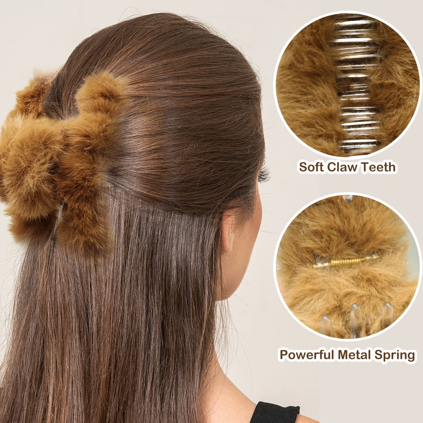 HINGTAI 4pcs Fuzzy Hair Claw Clip for Winter Faux Fur Claw Clips for Thick & Thin Hair, Beige, Brown, Pink - Image 2