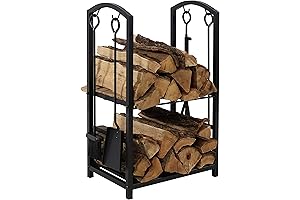 Sunnydaze Contemporary Firewood Log Rack with 4-Piece Fireplace Tool Set: Practical Meets Cozy
