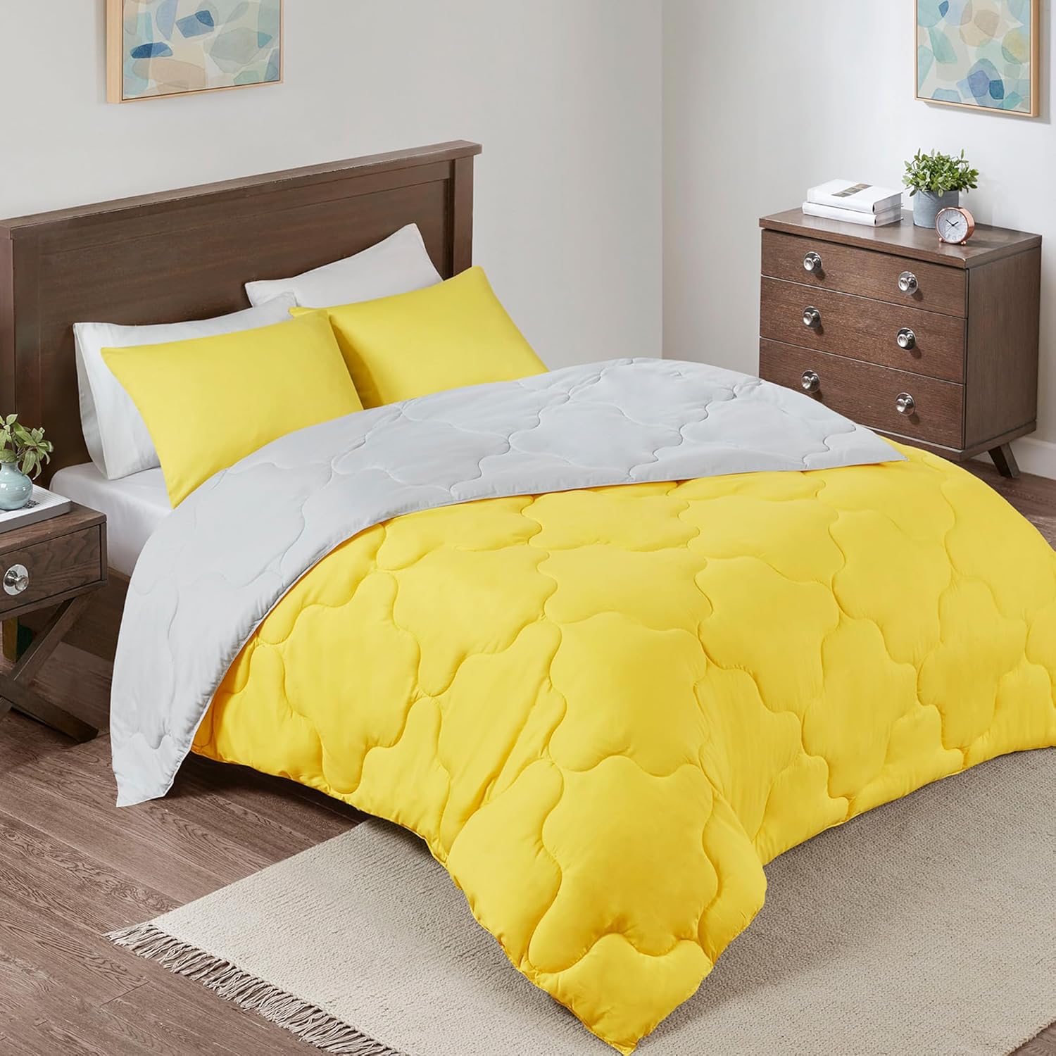 Comfort Spaces Vixie Reversible Comforter Set - Trendy Casual Geometric Quilted Cover, All Season Down Alternative Cozy Bedding, Matching Sham, Grey/Yellow, Full/Queen 3 piece