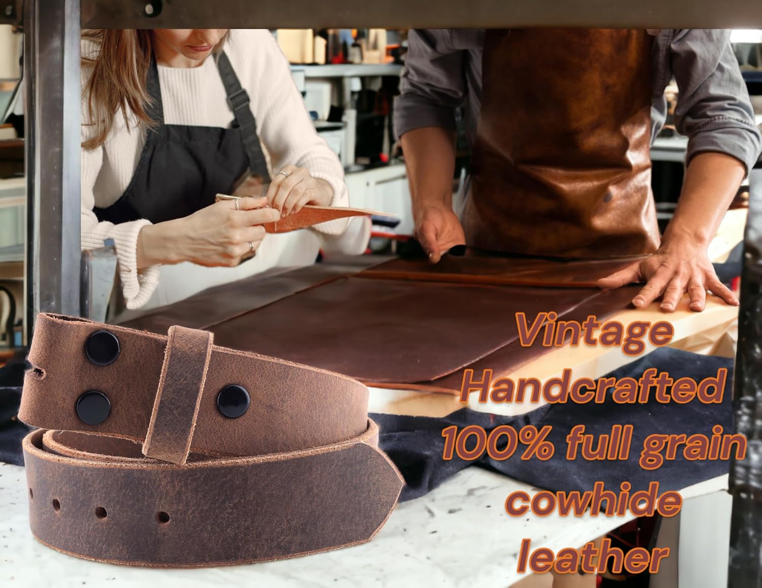 F&L CLASSIC Belt for buckle men Snap on Strap Full Grain One Piece Leather no buckle,1 1/2" Wide, USA - Image 3