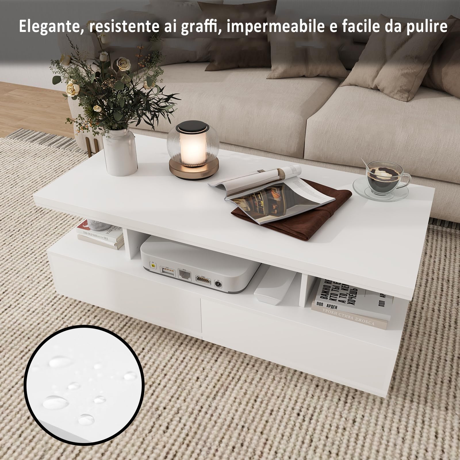 YU YUSING Tavolino Salotto Moderno con 2 Cassetti, Tavolino da Caffè con 2 Ripiani, Coffee Table, 60000 Colori di Luce Regolabili, Telecomando, Controllo tramite App, Modalità Musicali, Bianco