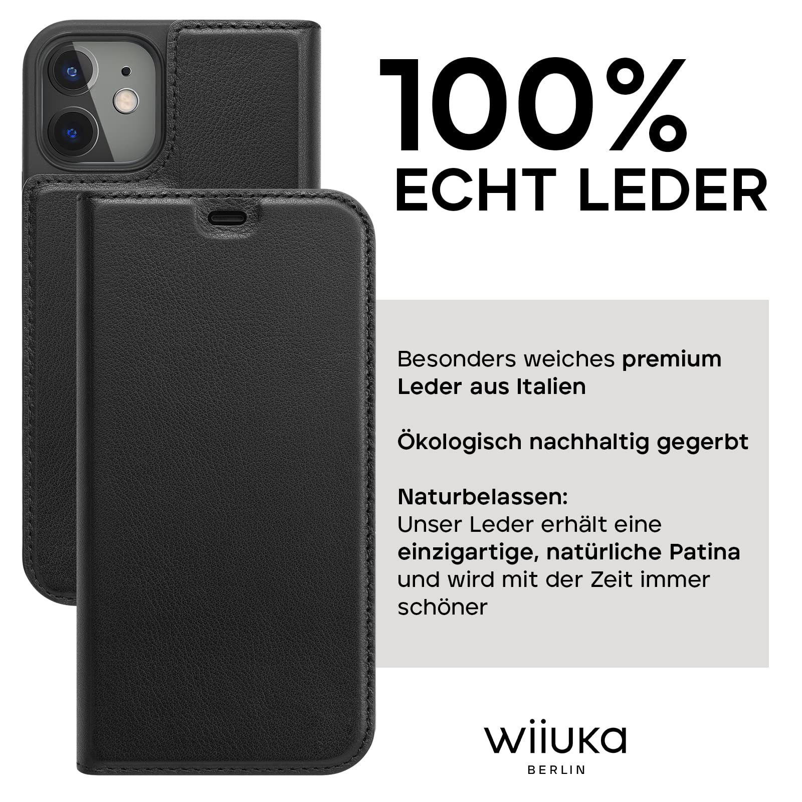 WIIUKA iPhone 12 Mini Case, Leather Case with Card Slot, Extra Slim Premium Leather Phone Case with Stand Function, Black - Image 2