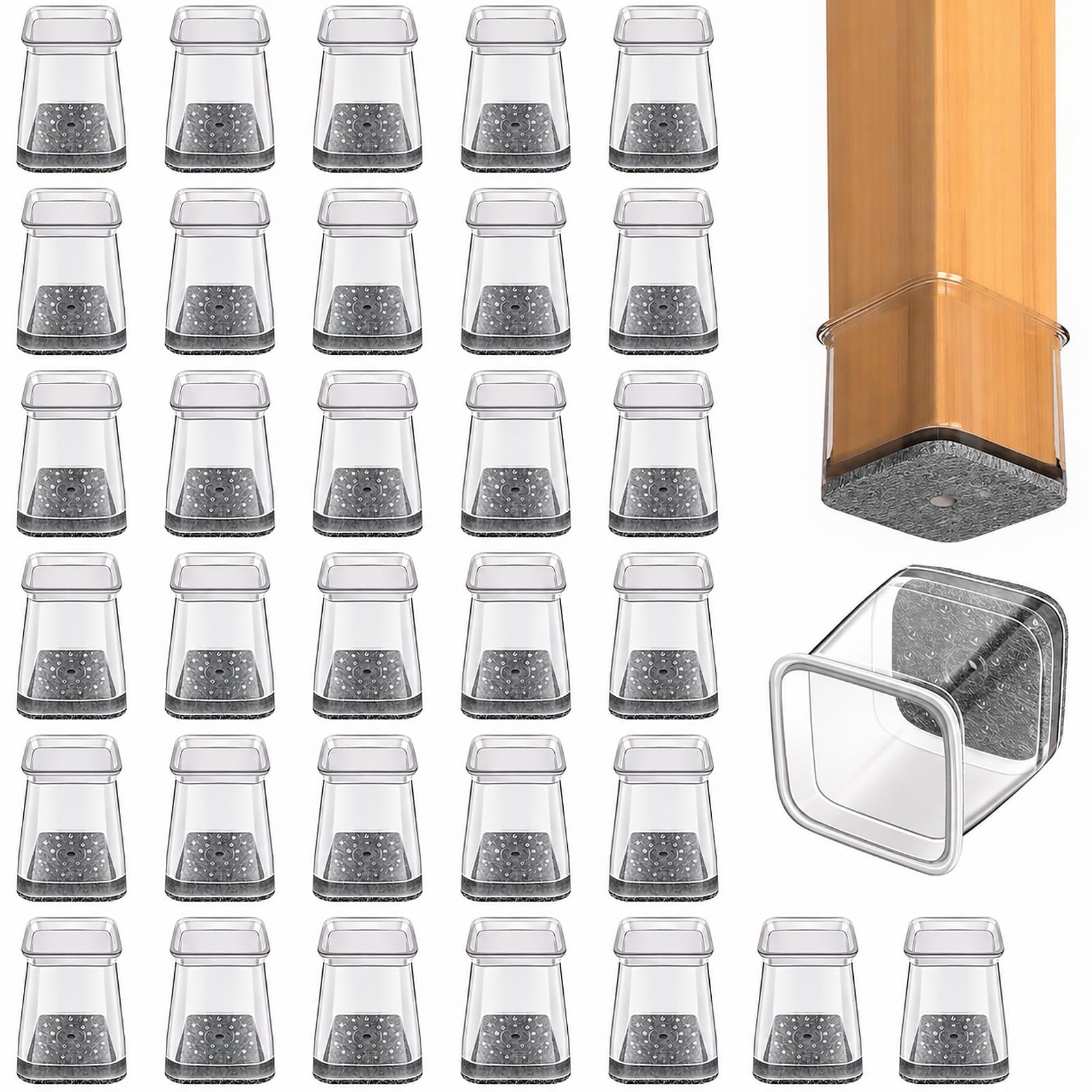 Wosyoodo 32 Pcs Chair Leg Floor Protectors Square, Silicone Chair Feet with Felt Pads, Floor Protectors for Hardwood Floors, No Scratches and No Noise (Fit 19-26mm)