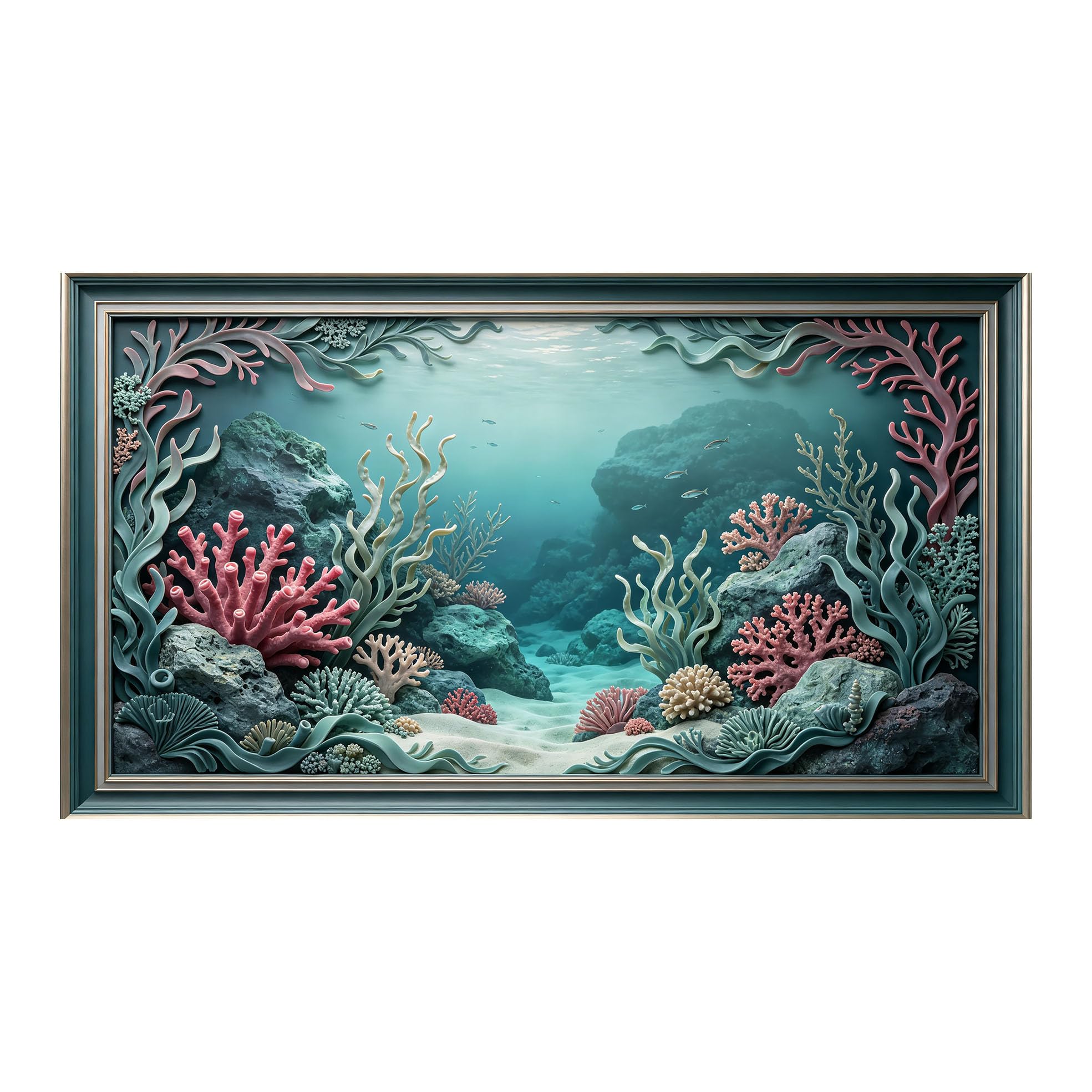 Murasolite 3D Framed Wall Art Underwater Coral Reef Seascape Ocean Marine Style SelfAdhesive Fabric Mural Wall Decor， Peel and Stick No Damage to Wall， AntiFall Safe Design for Bedroom Living Room