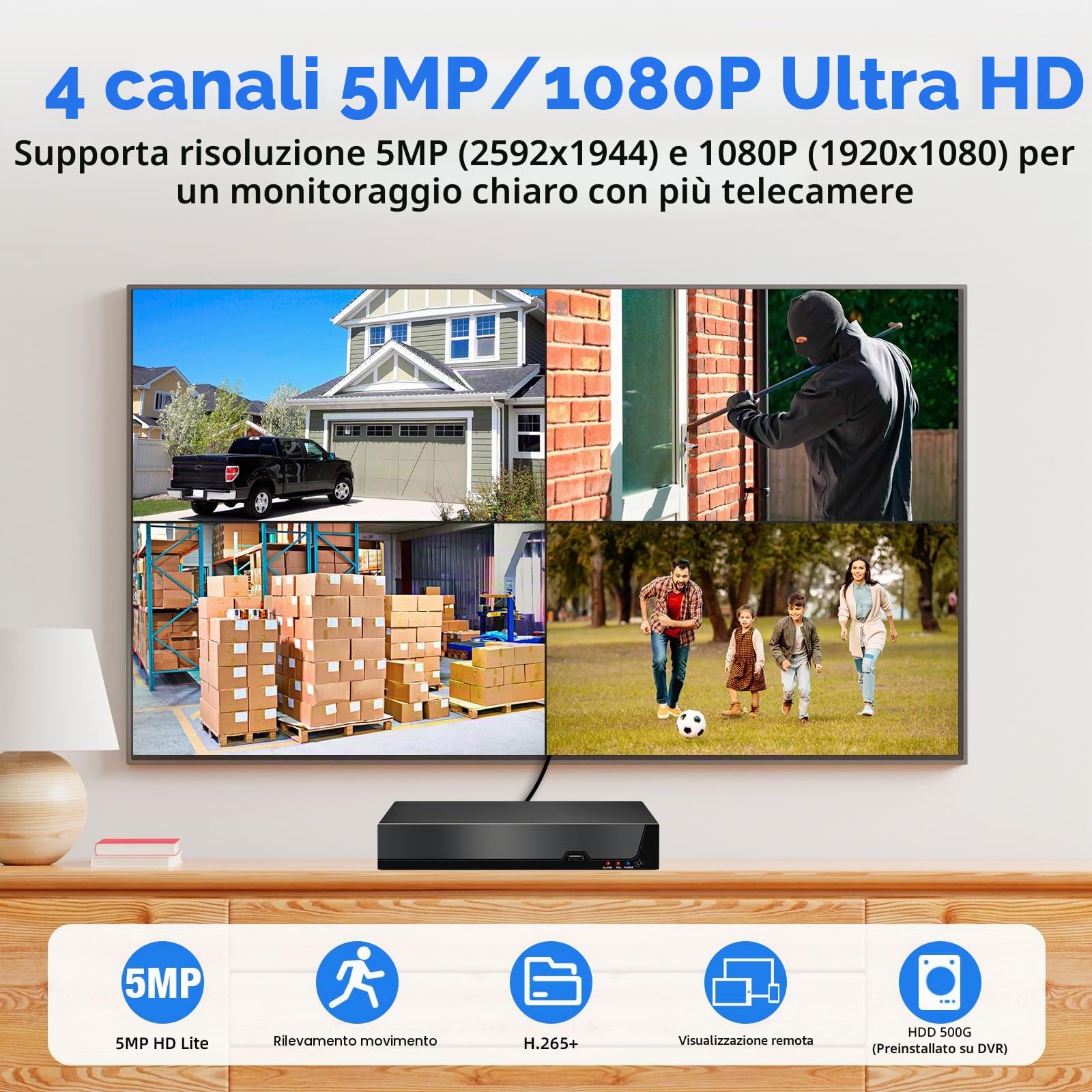DVR 4 Canali di Sorveglianza, Videoregistratore 5MP Lite 6 in1 Registratore di Sicurezza con HDD 500 GB, Rilevamento di Persone/Veicoli per Sistema di Telecamere CCTV Analogico/XVI AHD TVI CVBS CVI IP
