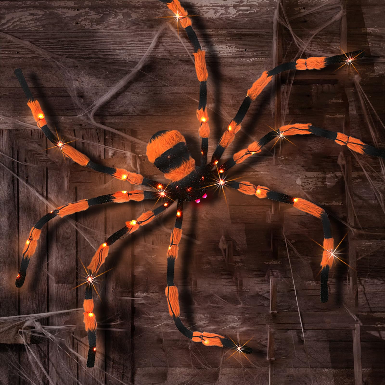 Giant Spider Halloween Decorations, 60” Big Black Lighted Halloween Spider with Red Eyes 56 LED Orange Lights Timer for Spiderweb Indoor Outdoor Yard Party Haunted House Decoration