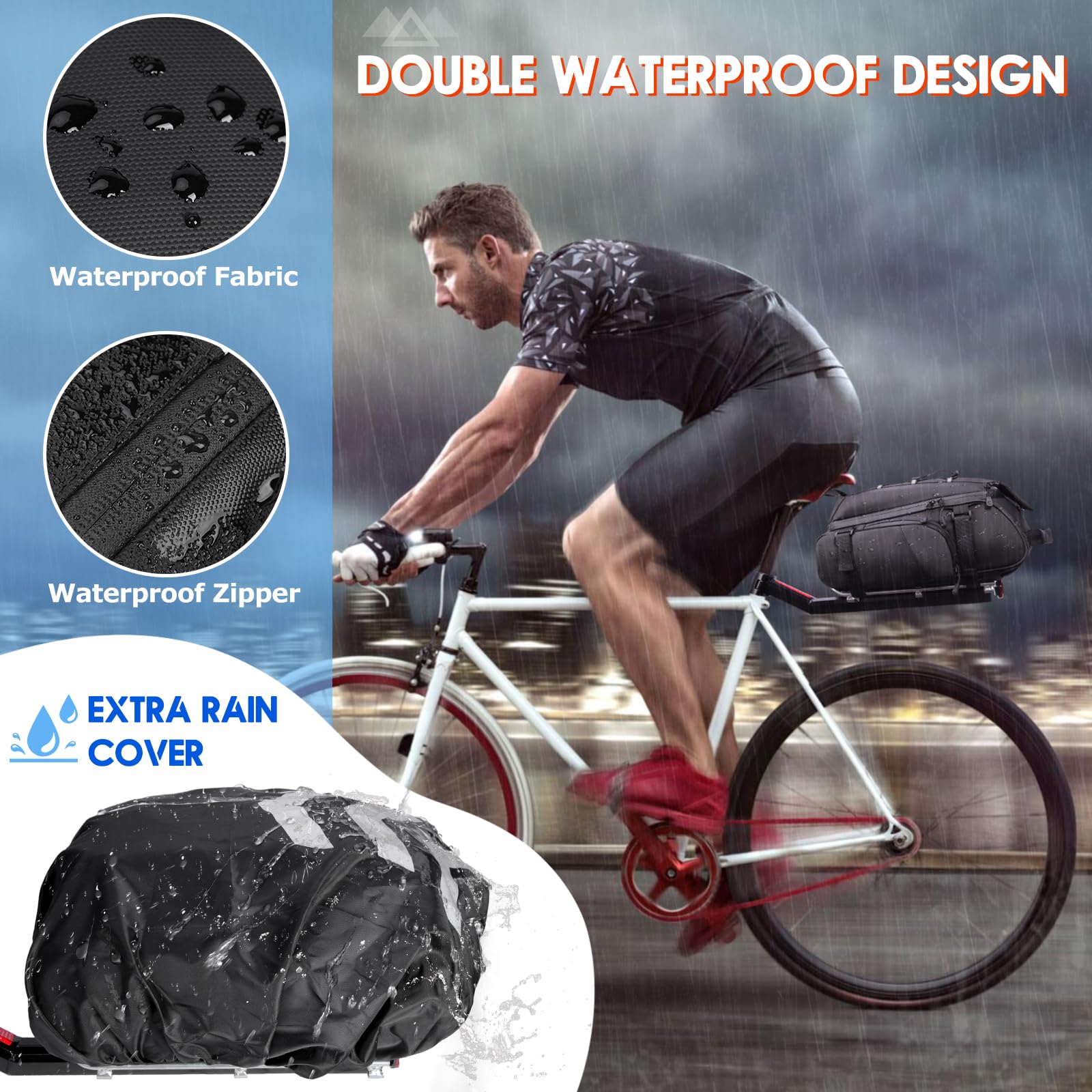 RAINSMORE Borsa Bici Posteriore 15L Portapacchi Bici Posteriore Impermeabile con Copertura Antipioggia e Striscia Riflettente Multifunzionale