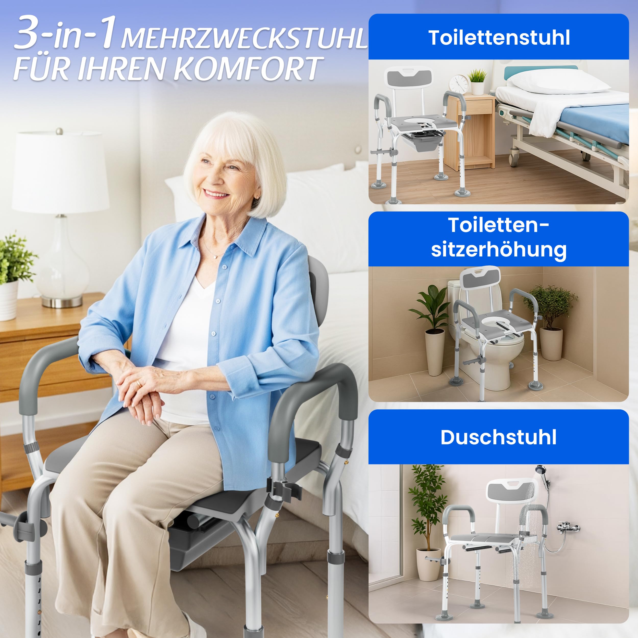 3-in-1 Toilettenstuhl, Toilettensitzerhöhung & Duschstuhl. Registriertes Medizinprodukt. Höhenverstellbar. Bis 136 kg. Rückenlehne & Armlehnen für Sicherheit. Aufstehhilfe. Entlastet Pflegende