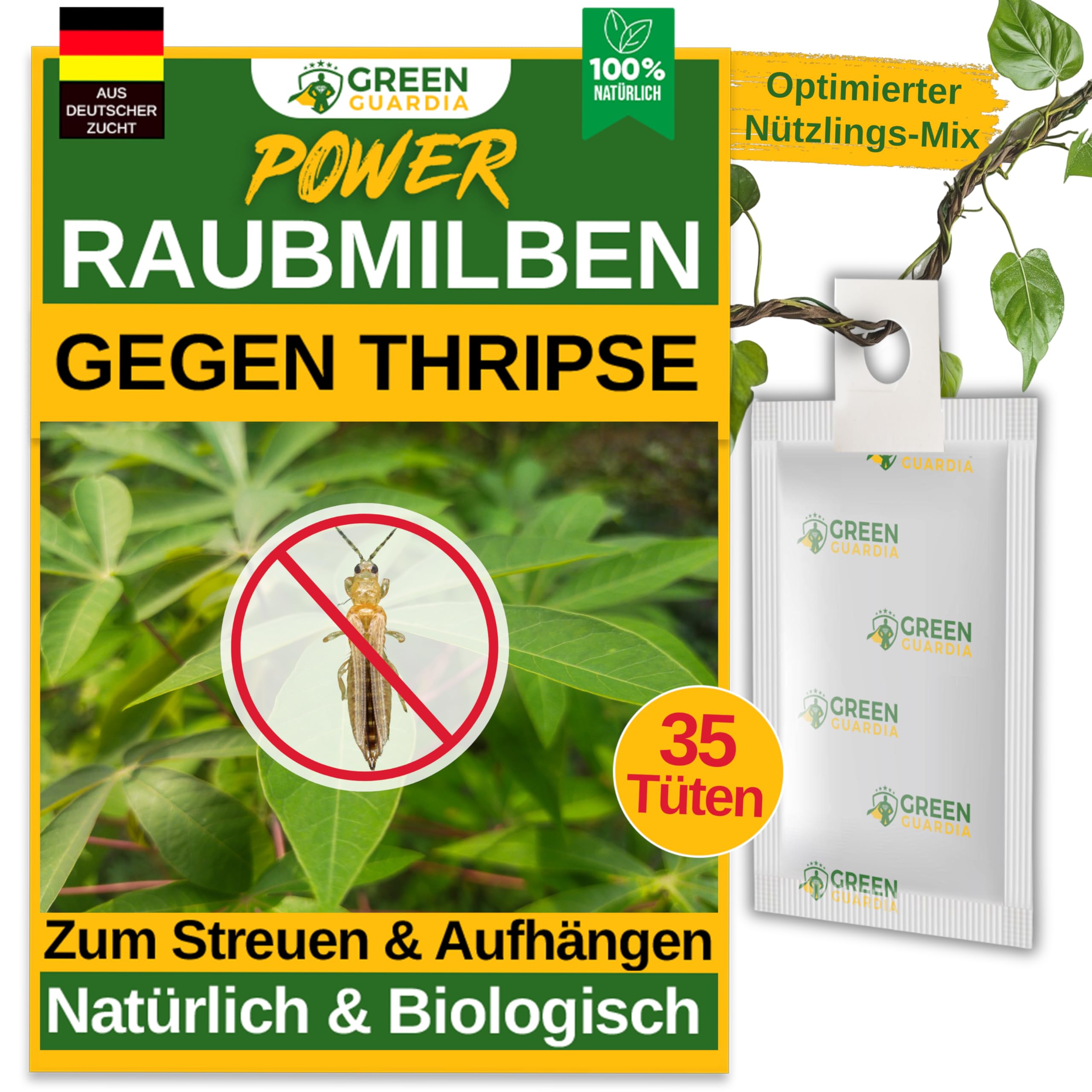 GREEN GUARDIA Power drapieżne roztocza przeciw wciornastkom – 35 torebek – biologiczny środek do skutecznego zwalczania wciornastków dla roślin pokojowych i ozdobnych oraz konopi. – przyjazny dla