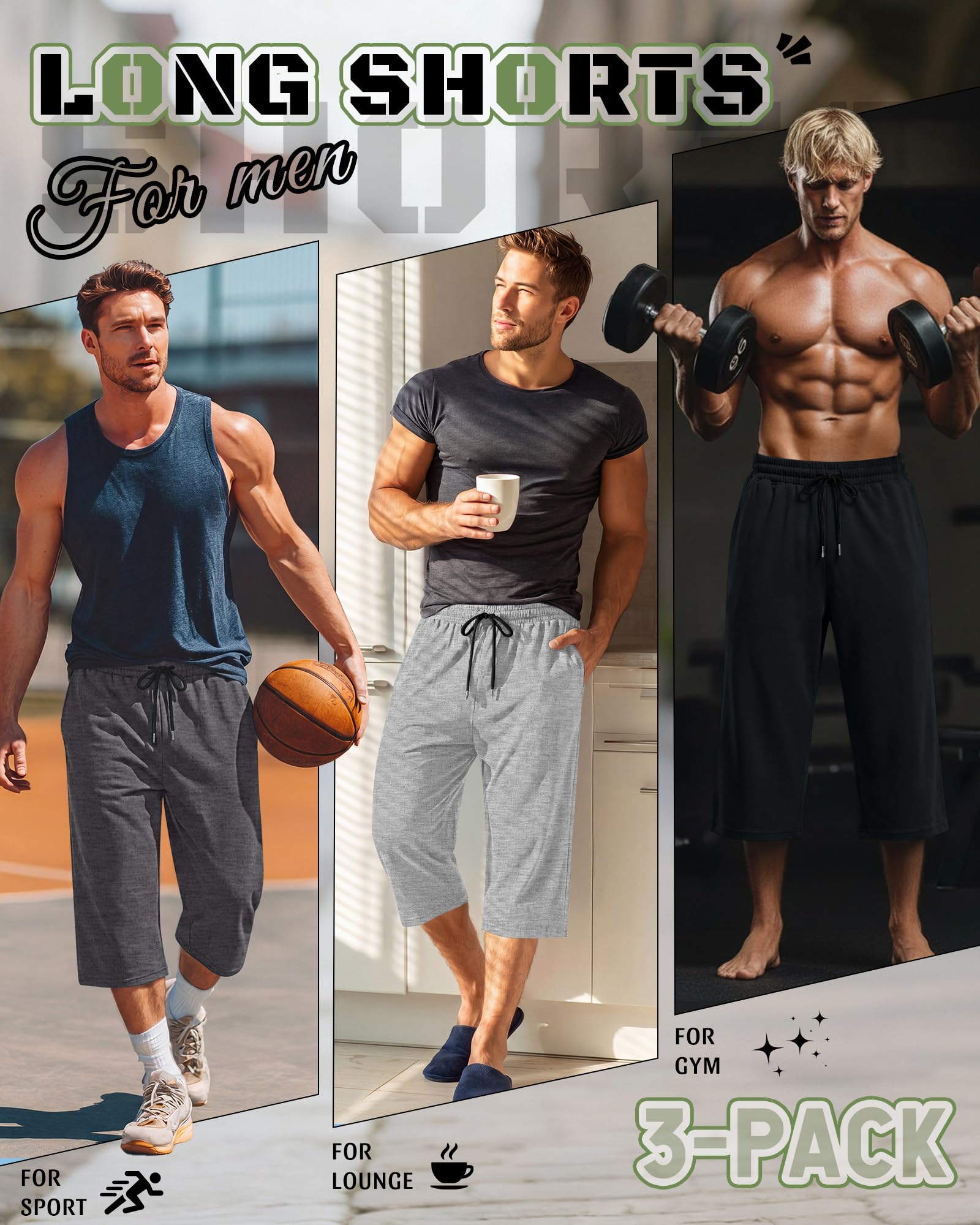 Neer Paquete de 3 pantalones capri holgados para hombre, talla grande, por debajo de la rodilla, casuales, 3/4, pantalones cortos grandes y altos, pantalones de verano con cordón y bolsillos