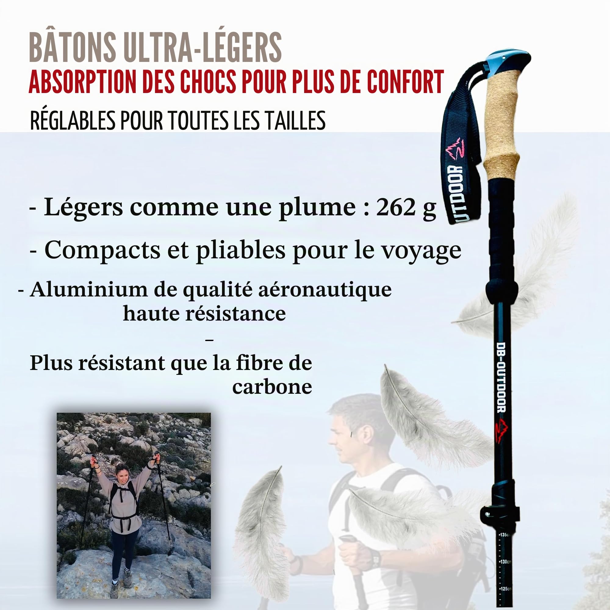 Bâtons de marche de randonnée pour homme et femme – 2 bâtons de randonnée nordique ultralégers en aluminium 7075 pour homme, poignée en liège naturel et verrouillage à rabat en métal pour