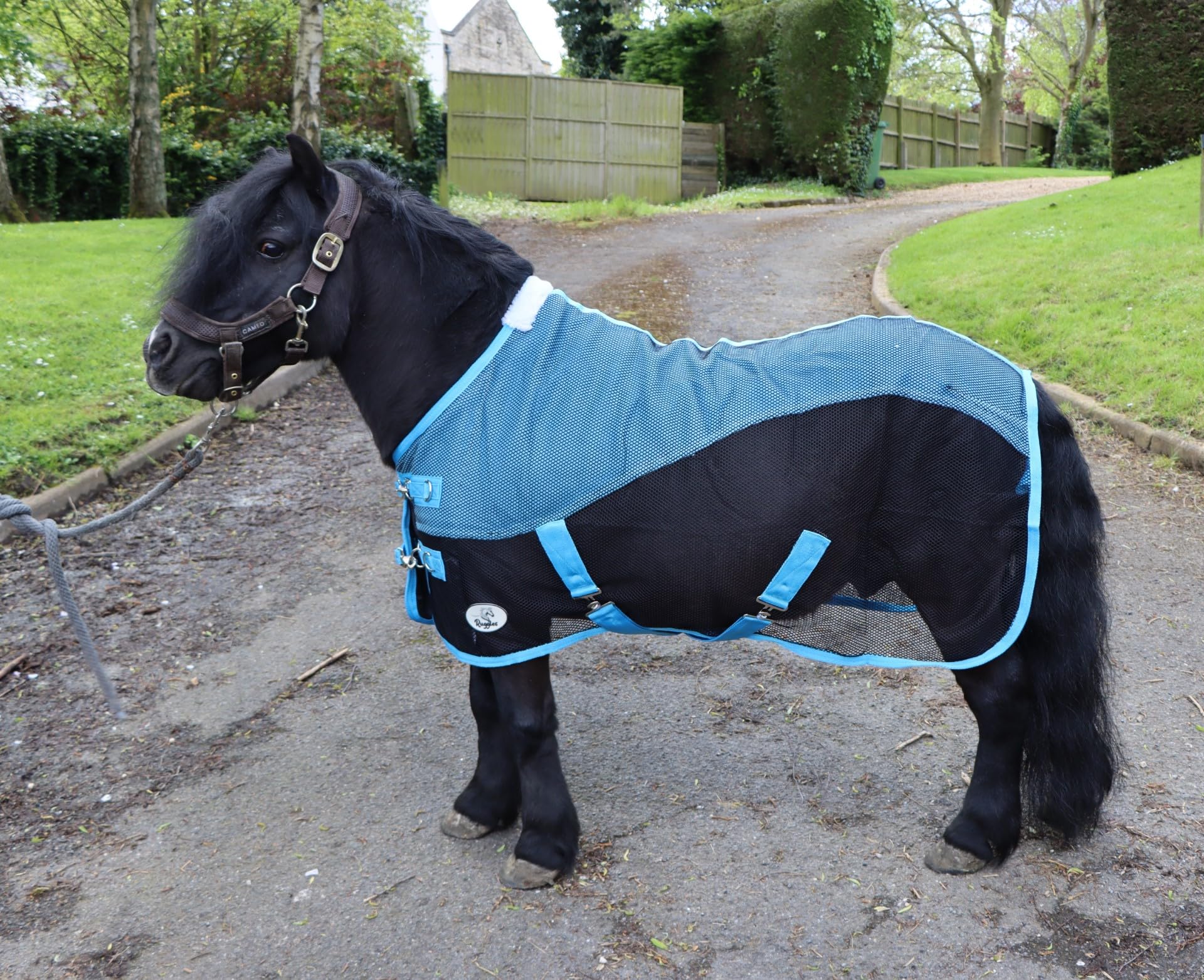 Ruggles Fleece/Mesh Cooler Rug for Shetland Pony, Miniature Horse, Donkey | Ideal for Travel Stable Cooling/drying after Exercise or Bathing (Black/Sky Blue, 2' 9") — image 1