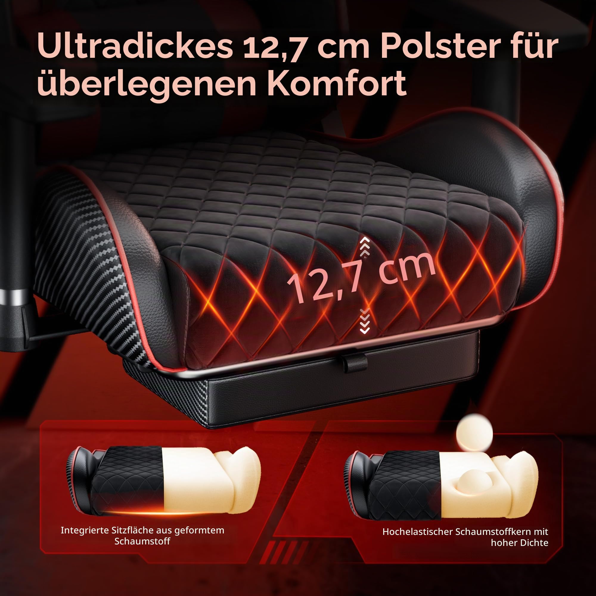 seenda GCPro-10 Ergonomischer Gaming Stuhl & Bürostuhl | 150 kg Vollmetall-Rahmen, 145° Neigung mit Fußstütze, 2D Armlehnen, Lendenwirbelstütze, High-Density Schaum, Carbon Design