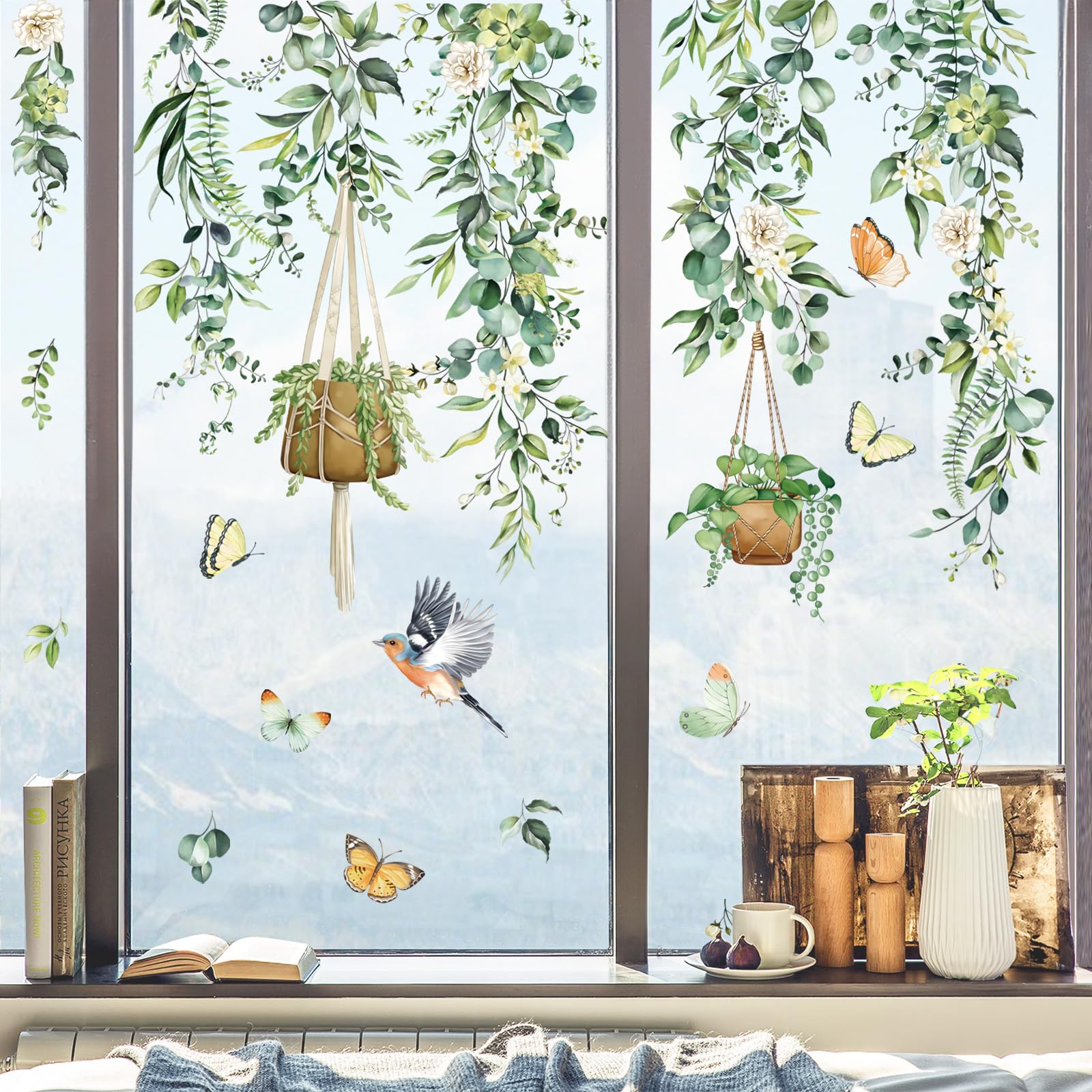 decalmile Autocollants Fenêtre Feuilles Verts Plantes Été Anti-Collision Stickers Fleur Pendaison Vigne Oiseaux Stickers Vitre Anti-Adhésifs Fenêtre Porte Cuisine Décalques