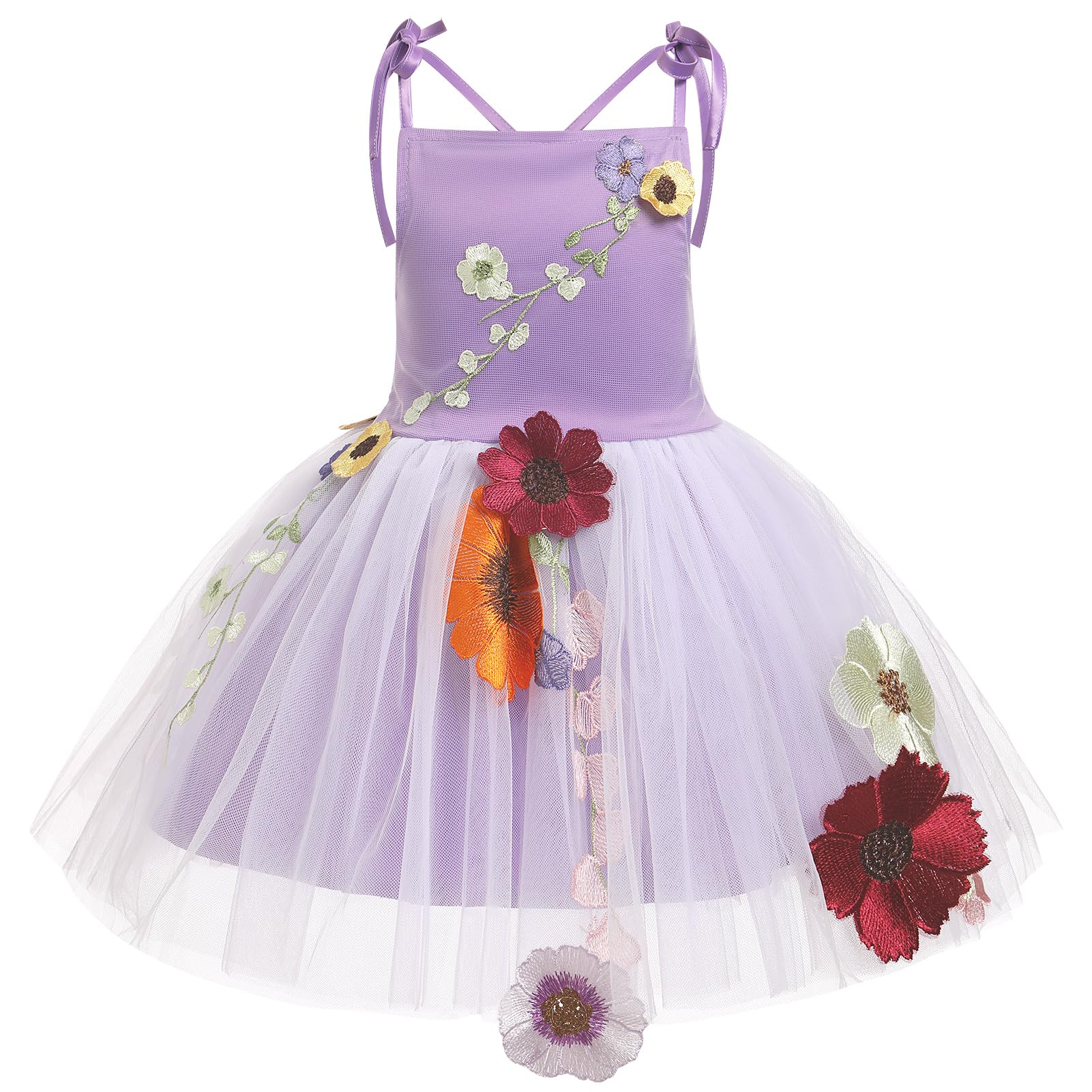 Toddler Baby Flower Girl Dress Kids Sleeveless Spaghetti Straps Floral Embroidered Ruffle Layered Tulle Princess Dress Birthday Tea Party Flower Girls Dresses Purple 3-4 Years