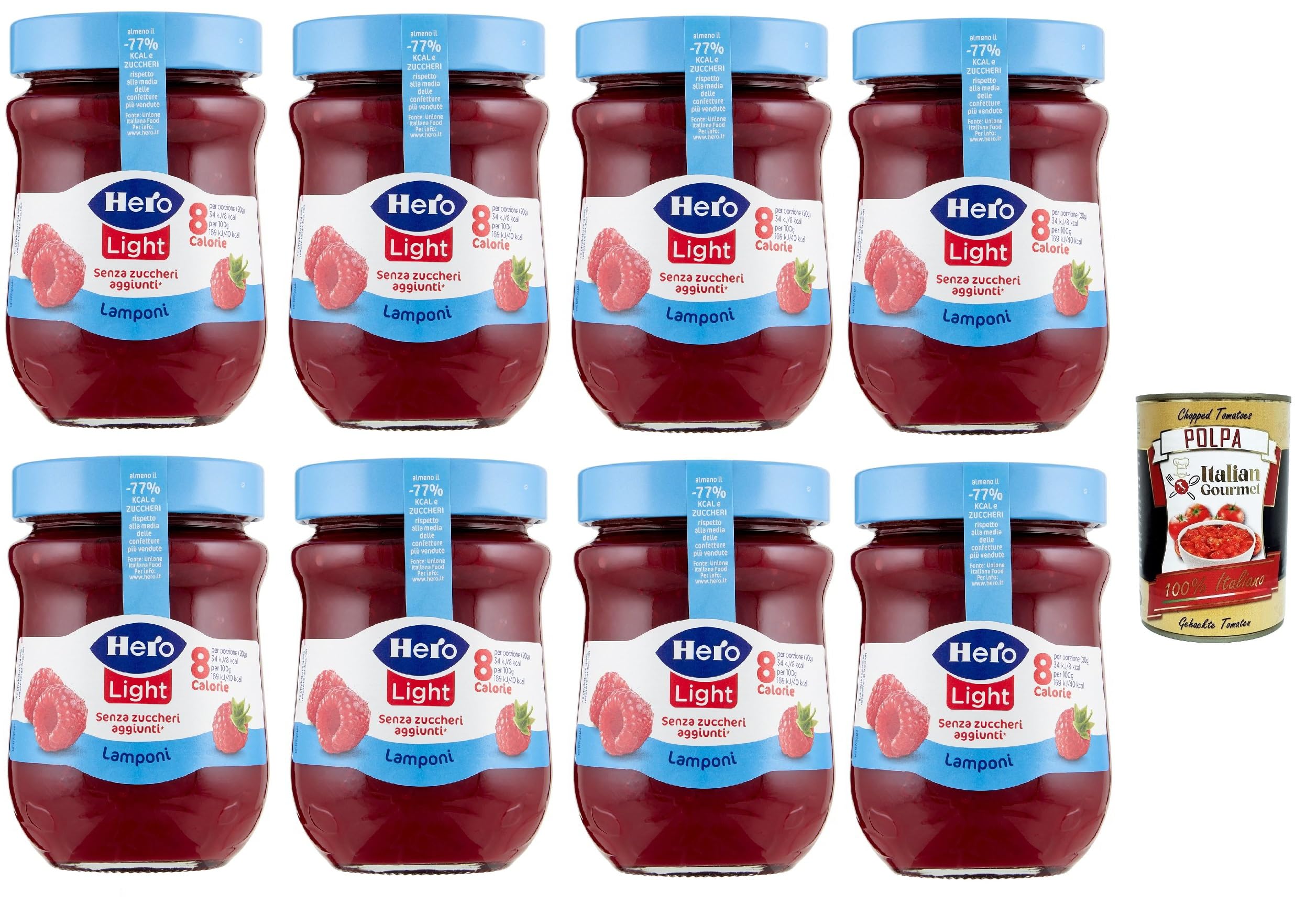 Hero Light Light Lot de 8 bocaux de confiture de framboises 280 g, de confiture et de confiture supplémentaire, fruits de haute qualité, sans conservateurs et sans colorants, Italian Gourmet polpa 400