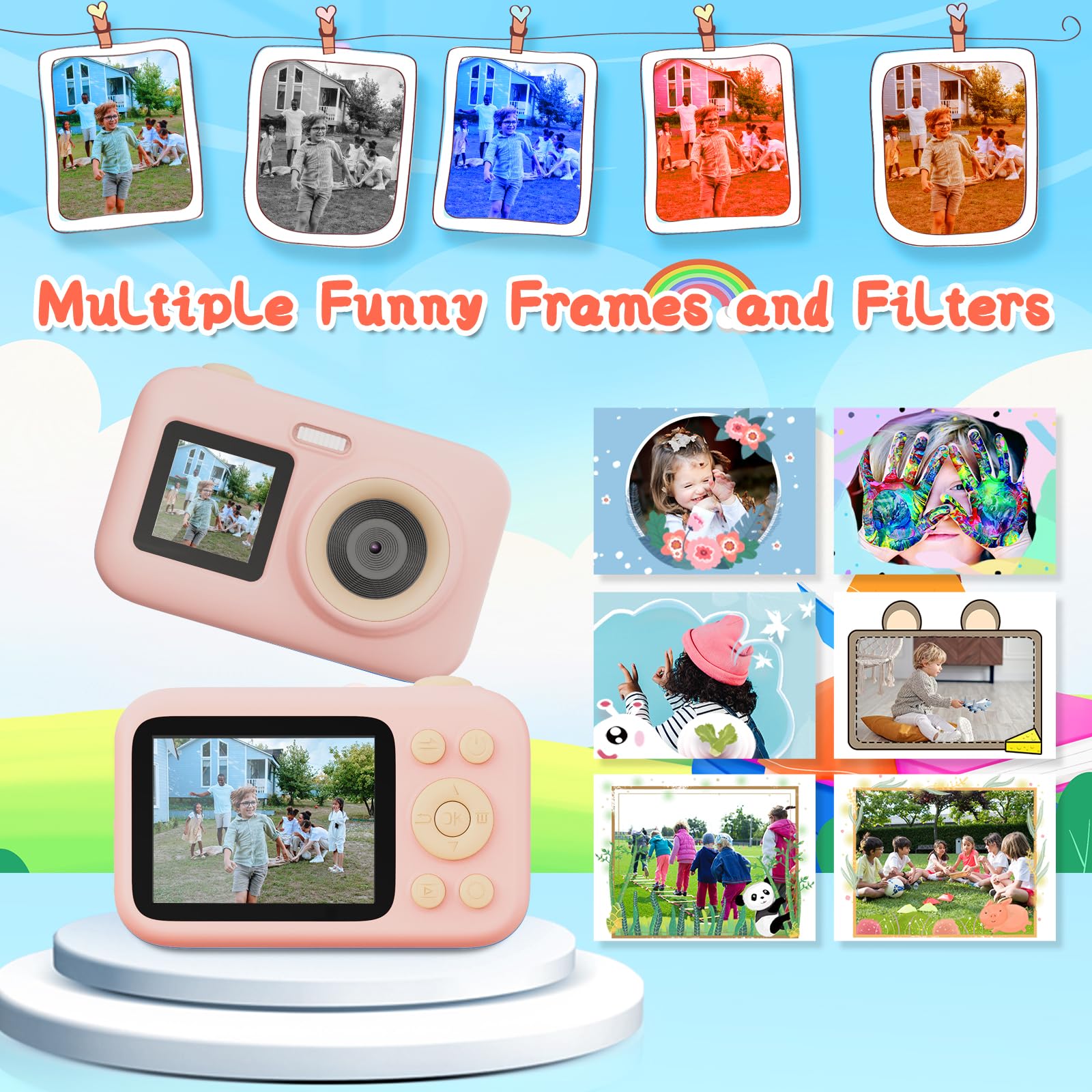 Appareil Photo Enfant SJCAM – Double écran 1080p, Carte 32Go Incluse, Filtres Et Cadres Rigolos, Sans Jeux, Pour 3-10 Ans