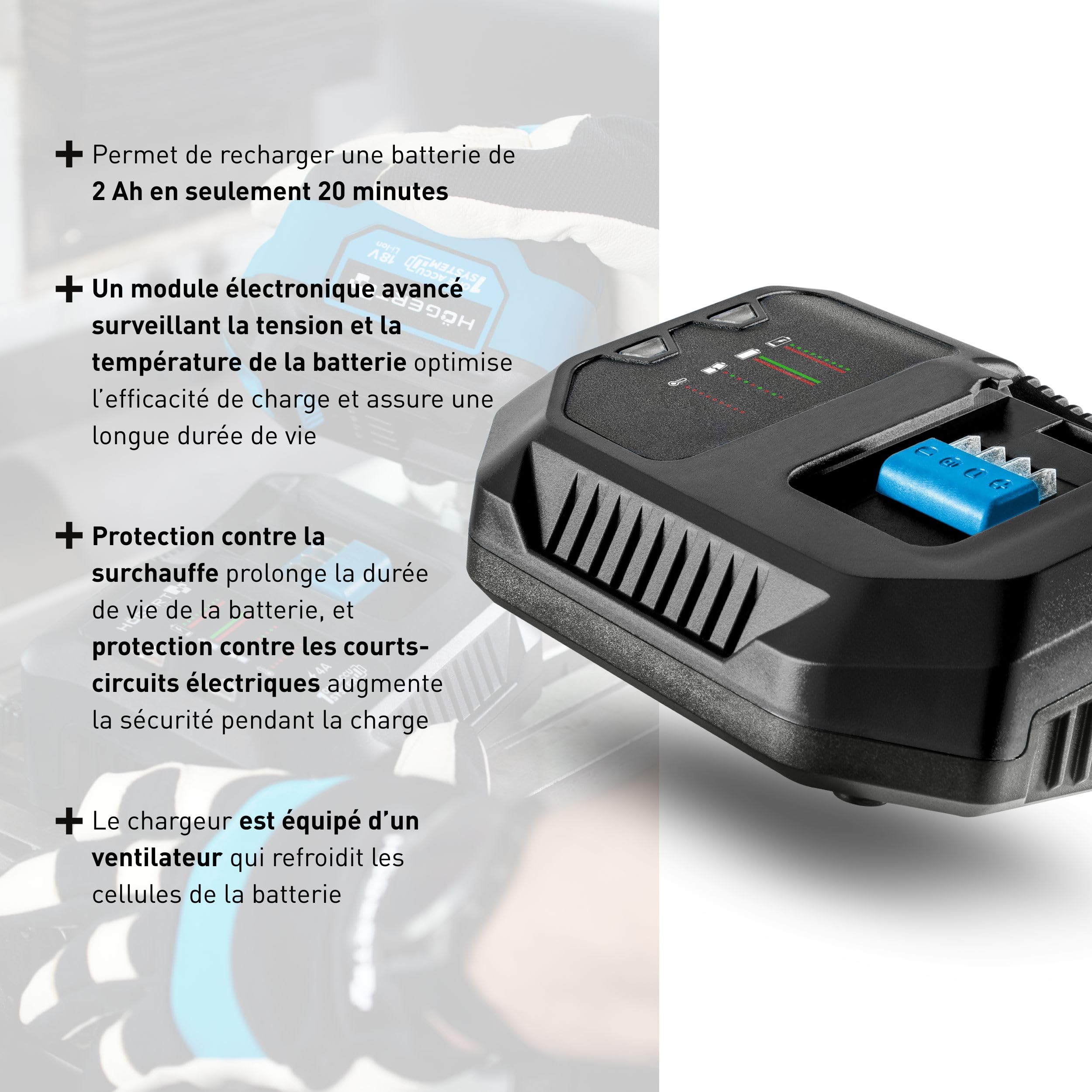 HÖGERT TECHNIK Chargeur Rapide 6A 18V, Temps de Charge Rapide, Protection Contre la surchauffe et Les Courts-Circuits, indicateur de Charge, refroidit la Batterie, idéal pour Les Batteries 2A, 4A, 6A