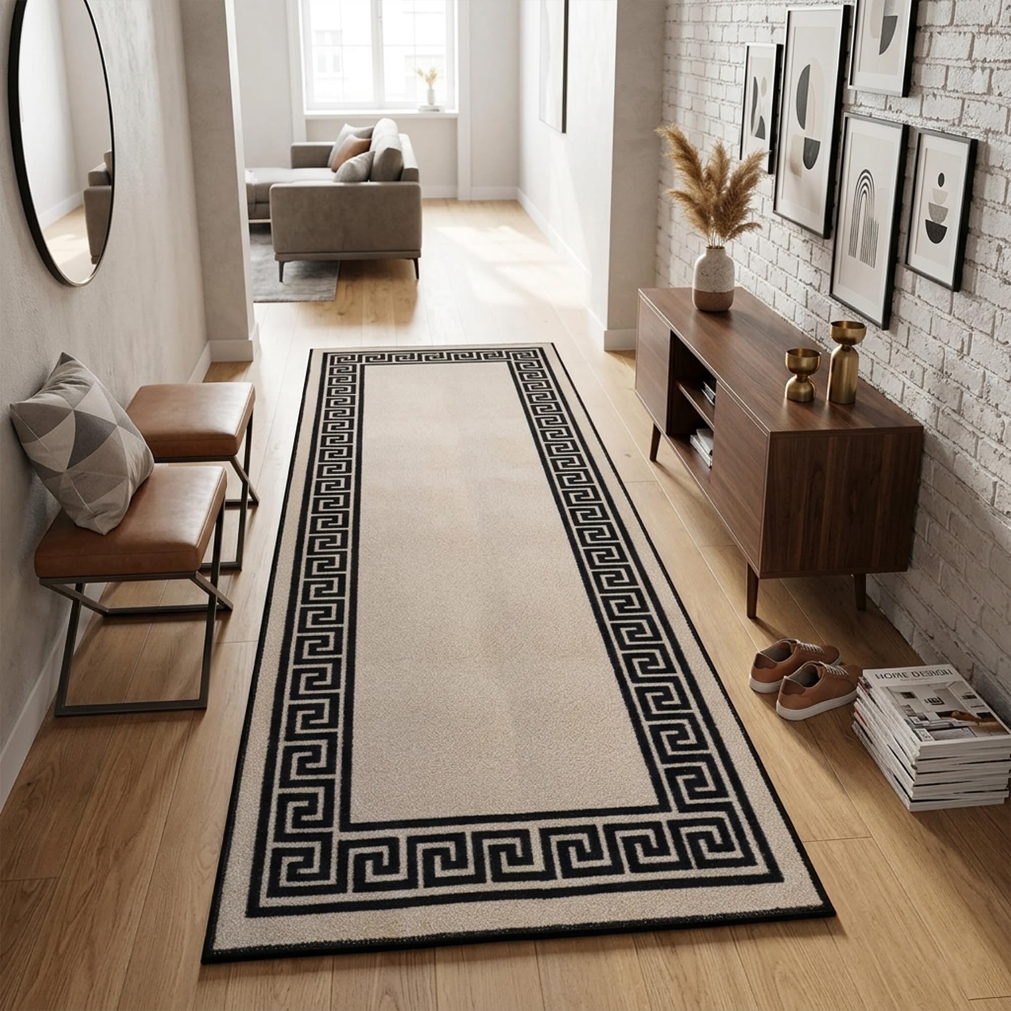 Rugs Haven - Elysia Washable Hallway Carpet Runners, Non-Slip Floor Mats for Kitchen, Living Room, Corridor, Entryway, Door Entrances (Black& Beige, 66x220cm)