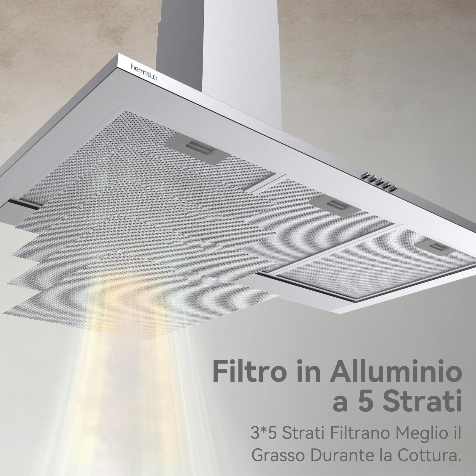 Hermitlux Cappa Aspirante 90 cm, Flusso d'aria 350m³/h, Cappe Cucina con Carbone Attivo, 3 Livelli di Aspirazione, Illuminazione Led, Acciai Inossidabili, 53dB