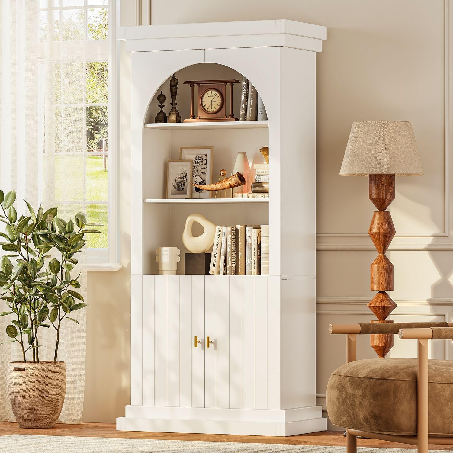 71" Modern Tall Bookcase, Half Open Bookshelf Cabinet with Drawers for Study, Living Room, or Home Office, White with Gold Handles