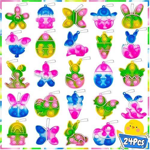 24 llaveros de Pascua, juguetes de burbujas para la ansiedad, rellenos de cestas de Pascua, rellenos de huevos de Pascua, premios de búsqueda de