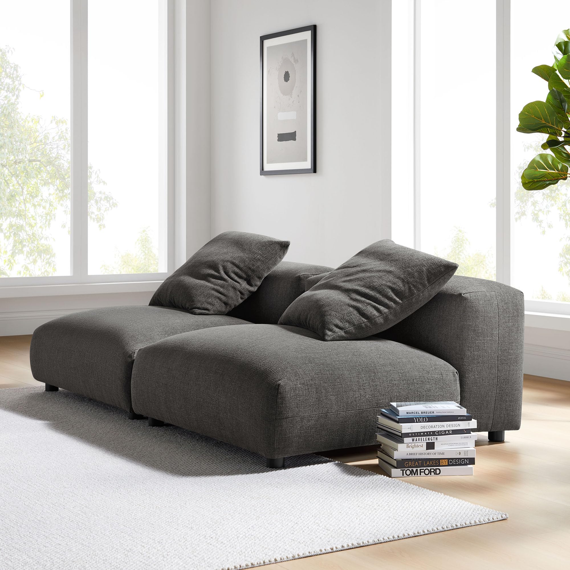 Photo 1 of 1 chair only***Modway Solace Fabric Upholstered 1-Piece Modular Sofa in Charcoal - Comfy Upholstered Deep Seat Loveseat - Modern 2-Seat Armless Sectional Chairs - Oversized Loveseat Set for Living Room