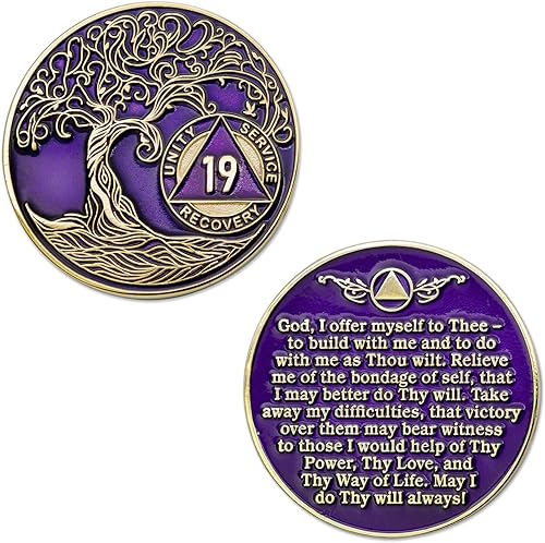 Miniatura 10 de Sobriety Mint Medallón AA de 13 años, chip de recuperación AA chapado en oro, árbol de la vida, morado