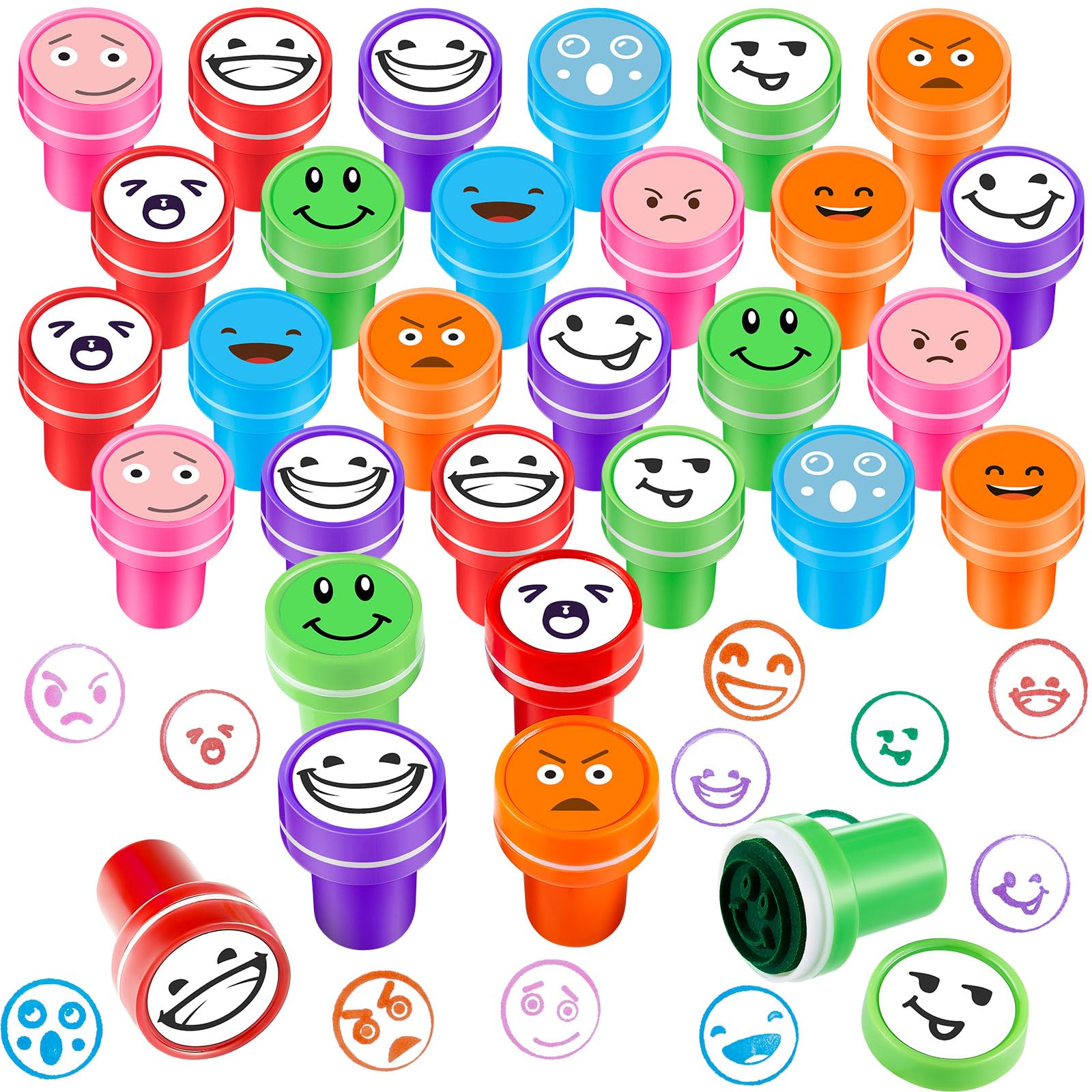 Affrolling 24 Pieces Teacher Stamp Smile Face Stamps for Kids Pre Ink Plastic Assorted Mood Expressions Happy Mini Stampers for Party Favors Classroom Educational Learning Game Activities