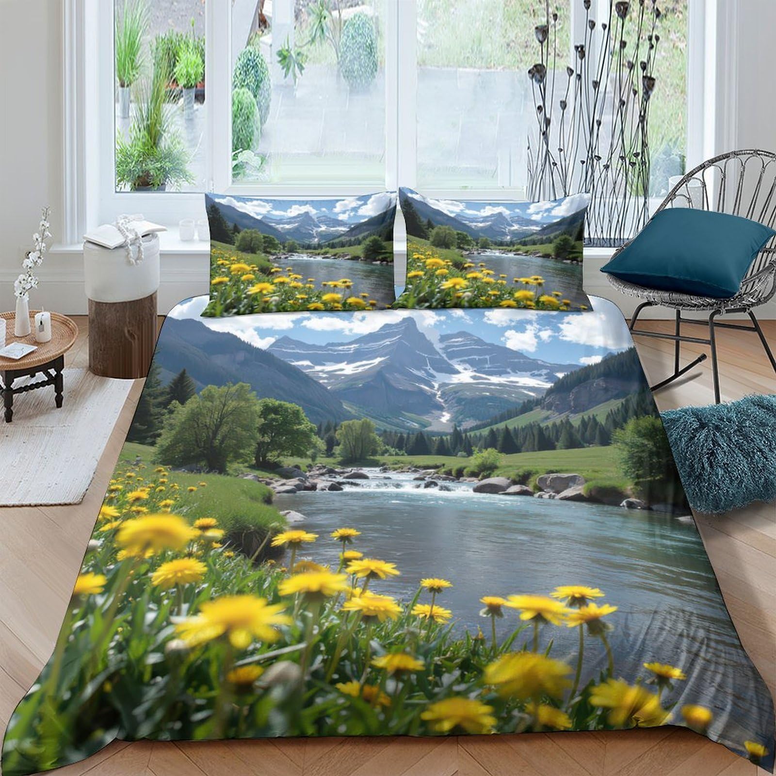 Ctjqhvkz Style-2 3D Printed Mountain Meadow Fitted Sheet Microfiber Soft Floral River Bed Cover For Bedroom Guest Room Decor Single（135X200cm）
