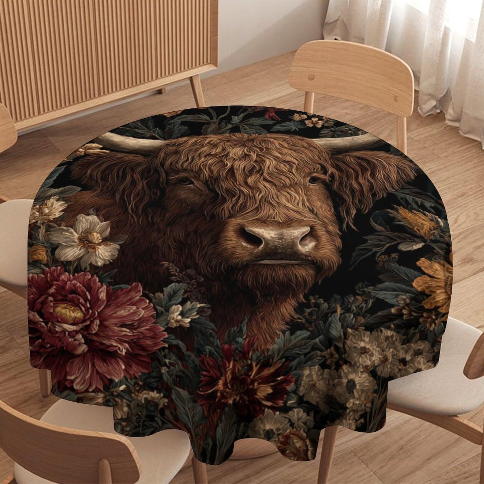 LUYYSKY Modern Rustic Highland Cow Round Tablecloth Beautiful Boho Western William Morris Plant Flowers Animal Cow Print Washable Decor for Table Cover for Kitchen-177.8" Wx177.8 L cm