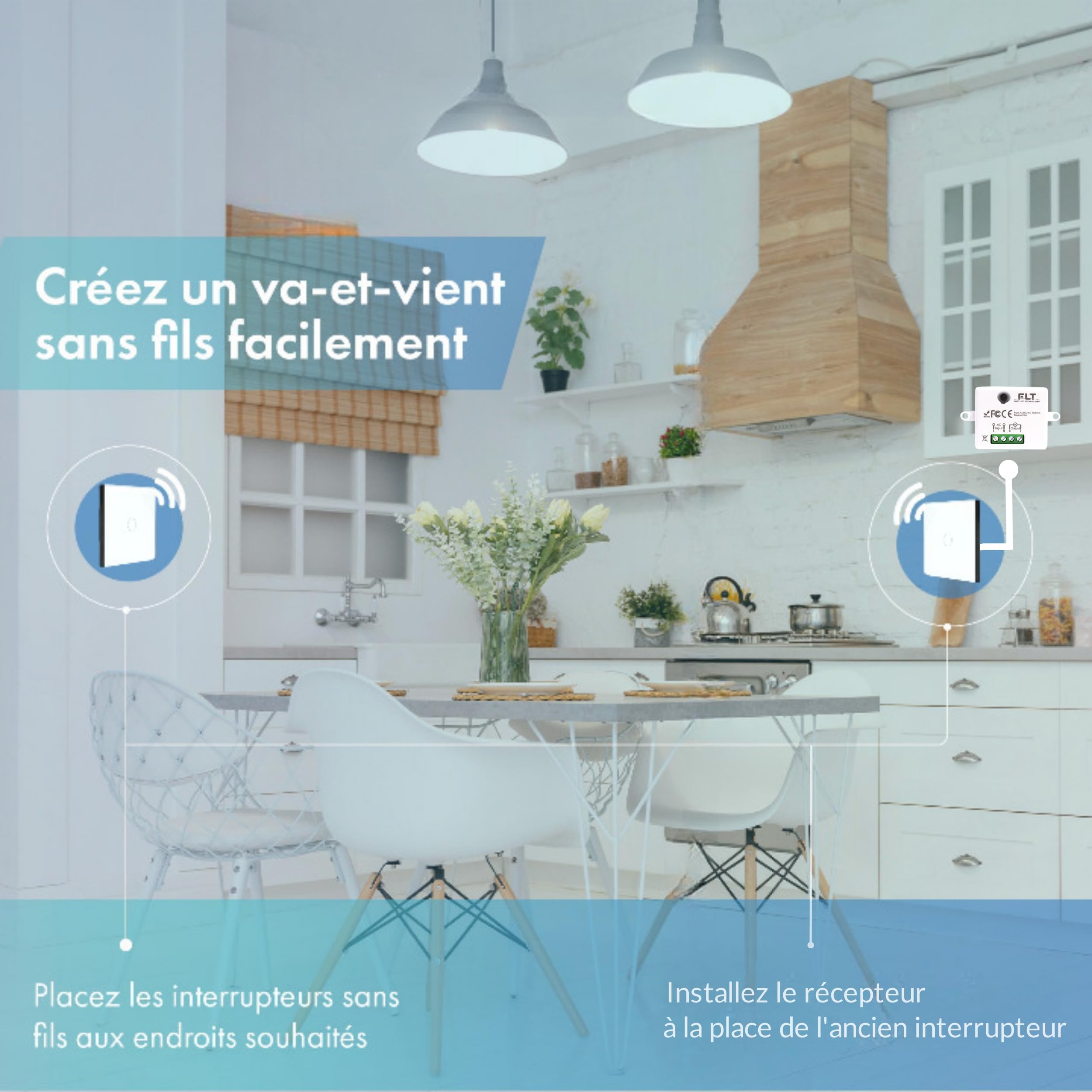 KIT Interrupteur sans fil - Bouton tactile va et vient prêt à poser – 2 Télécommande murale + 1 interrupteur relais récepteur radio encastrable sans neutre - Compatible Led