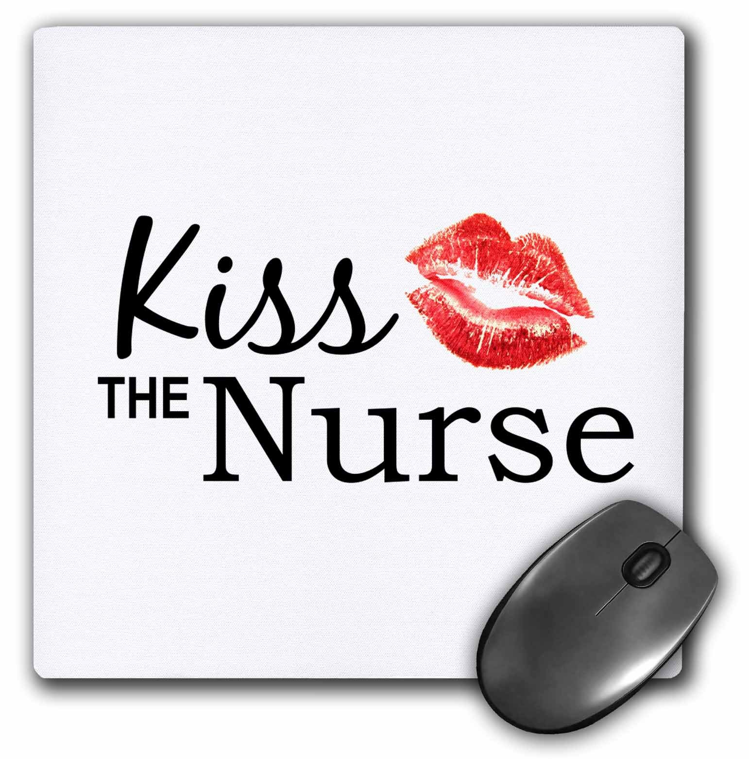3dRose mp_151645_1 8" x 8" Kiss The Nurse Humorous Funny Nurses Day Gifts Flirty Red Lipstick Mark Kisses Cheeky Fun Mouse Pad