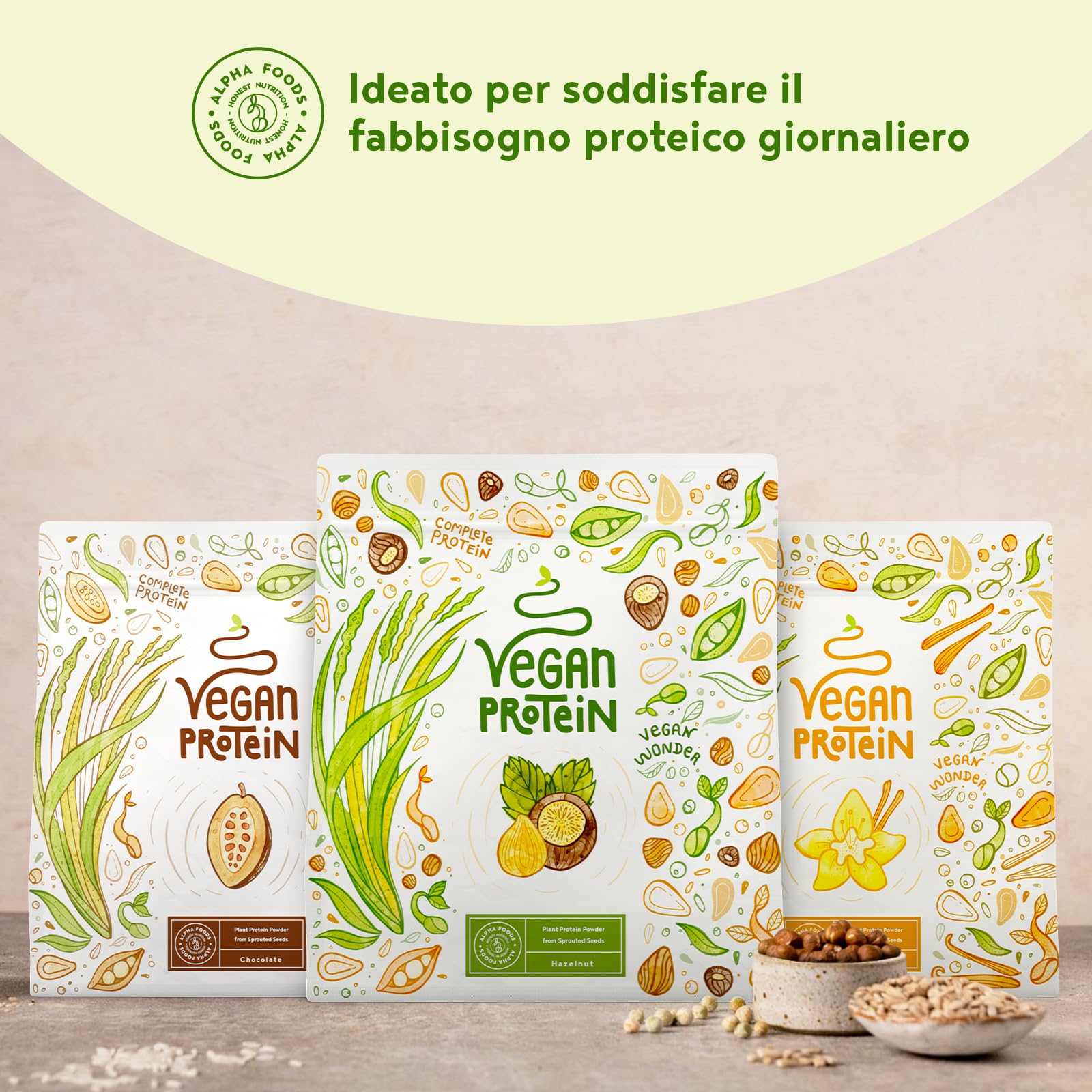 Proteine in Polvere Vegane | Gusto Nocciola | 19g Proteine Vegetali Isolate di Pisello, Riso e Girasole | Massa Muscolare | 600g Vegan Protein Powder | Alpha Foods