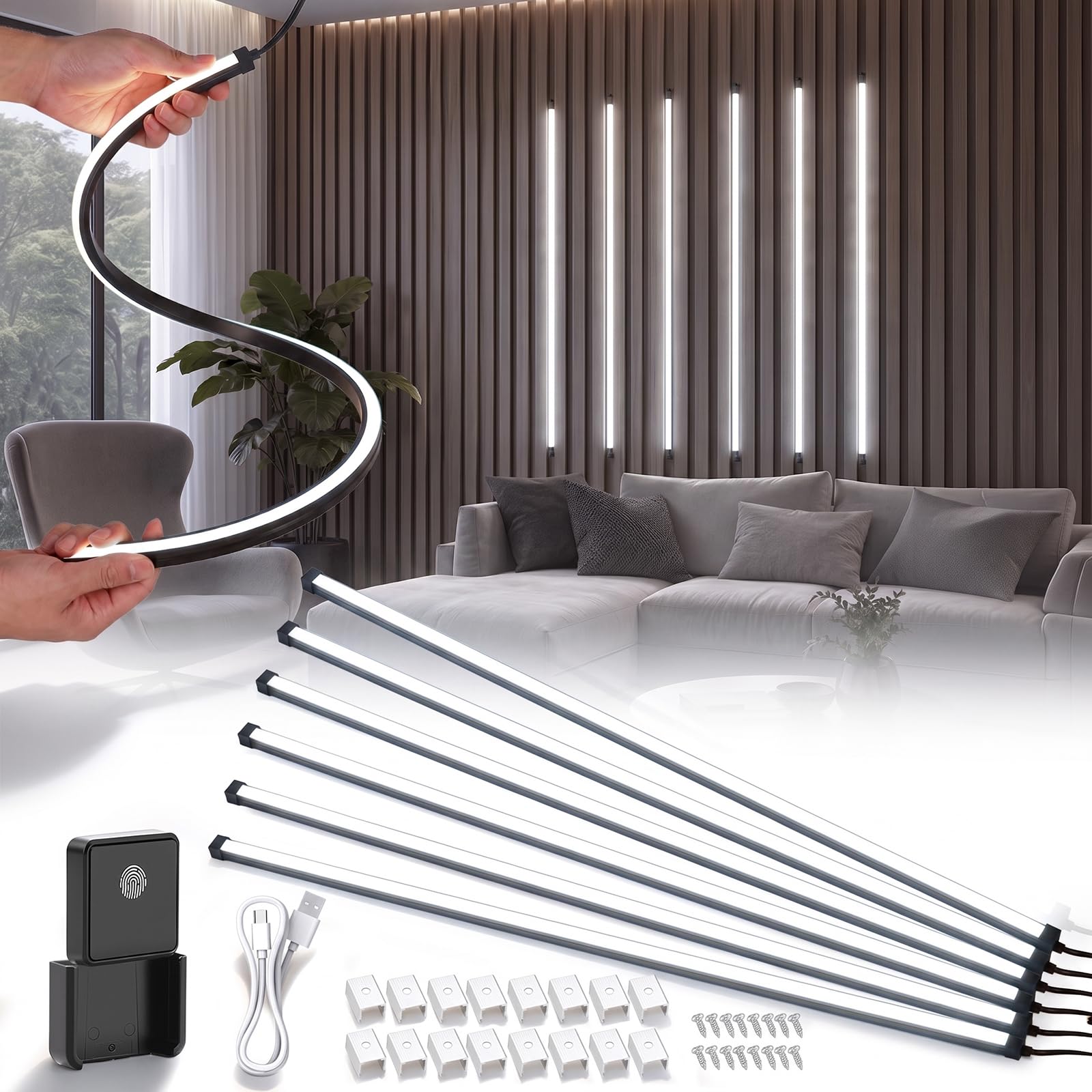 éclairage Pour Panneaux Acoustiques, Intensité Variable Sécable Avec Bande LED Intégrée 6 X 90cm Blanc Froid Et Capteur Tactile Installation Facile Pour Panneaux Acoustiques (6 Bandes)