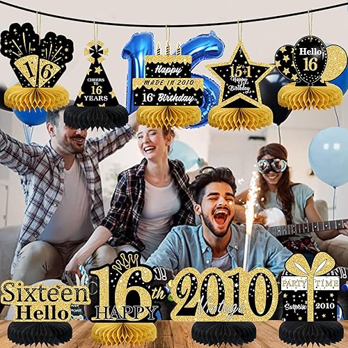 Miniatura 4 de 9 piezas de decoración de cumpleaños negro dorado 16 centros de mesa de panal para niños y niñas, centros de mesa de feliz cumpleaños 16,