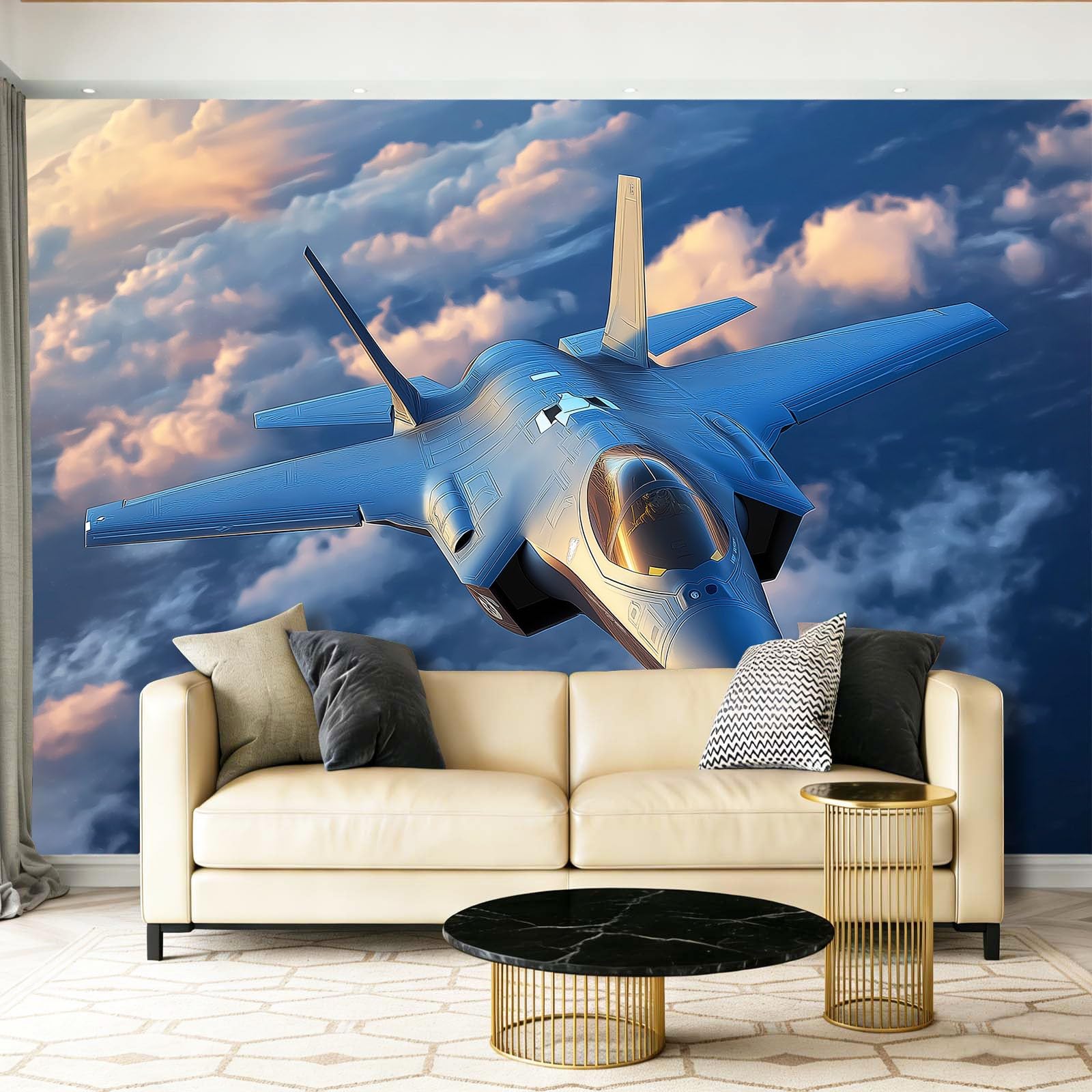 Tapeta z motywem 250 x 175 cm, nowoczesny motyw myśliwca, wodoszczelna dekoracja ścienna do pokoju młodzieżowego i kącika gamingowego, niebieska