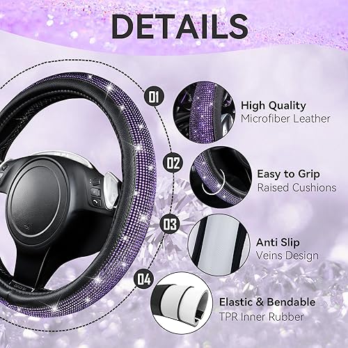 Miniatura 4 de CAR PASS Juego de 11 fundas de asiento de cuero con diamantes de imitación brillantes para mujer, juego de fundas de volante con diamantes de