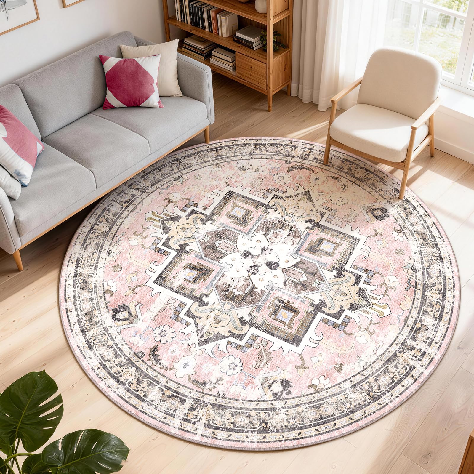 XSIVOD Round Living Room Rug, Washable Area Rugs for Bedroom, Non Slip Vintage Rugs for Dining Room Home Office, Soft Low Pile Floral Rug Accent Floor Carpet for Home Decor, 120 x 120 cm, Pink