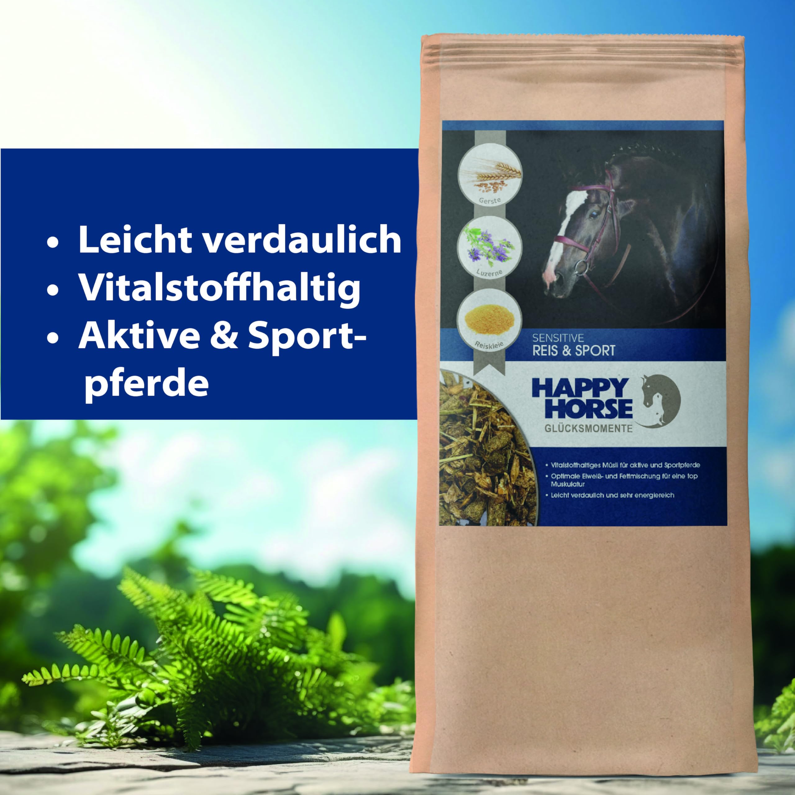 HAPPY HORSE Sensitive Reis & Sport 2 x 14 kg Vorteilspack – Pferdefutter zur Gewichtszunahme & Muskelaufbau - Getreidearm, Glutenfrei, Energie- & Vitalstoffreich - Made in Germany