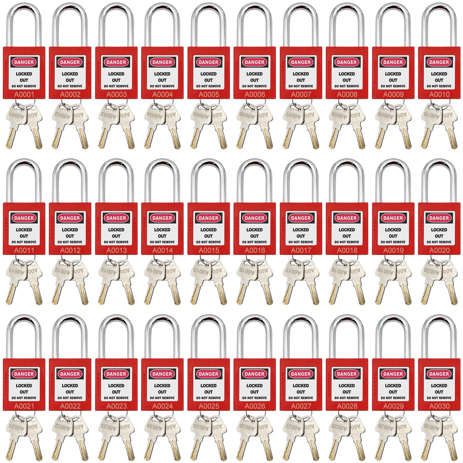 SAFBY Lockout Tagout Locks 30 pcs Loto Padlocks Product for Lock Out Tag Out Stations and Device (30 Lock Red, Key Difference)