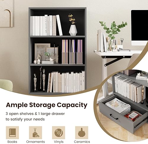Miniatura 6 de Tangkula Estantería de 3 niveles con cajón, estantería independiente de 48 pulgadas de alto con 3 estantes abiertos y 1 cajón, dispositivos
