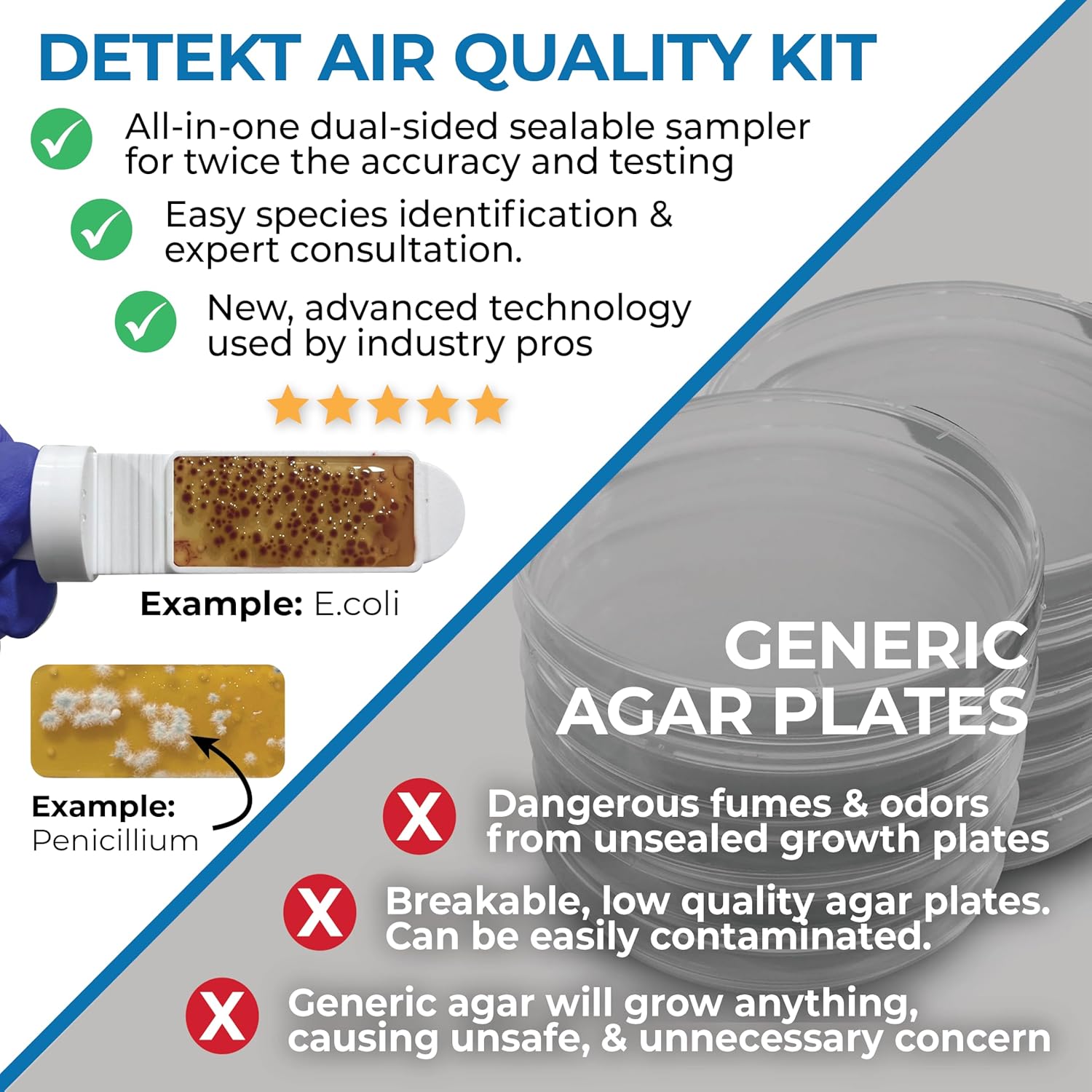 Indoor Air Quality Test Kit for Home by Detekt - (12) Simple Screening 6 Mold Tests + 6 Bacteria Tests - Test HVAC & Surfaces - DIY Mold Testing with Species Identification Guide & Free Consultation