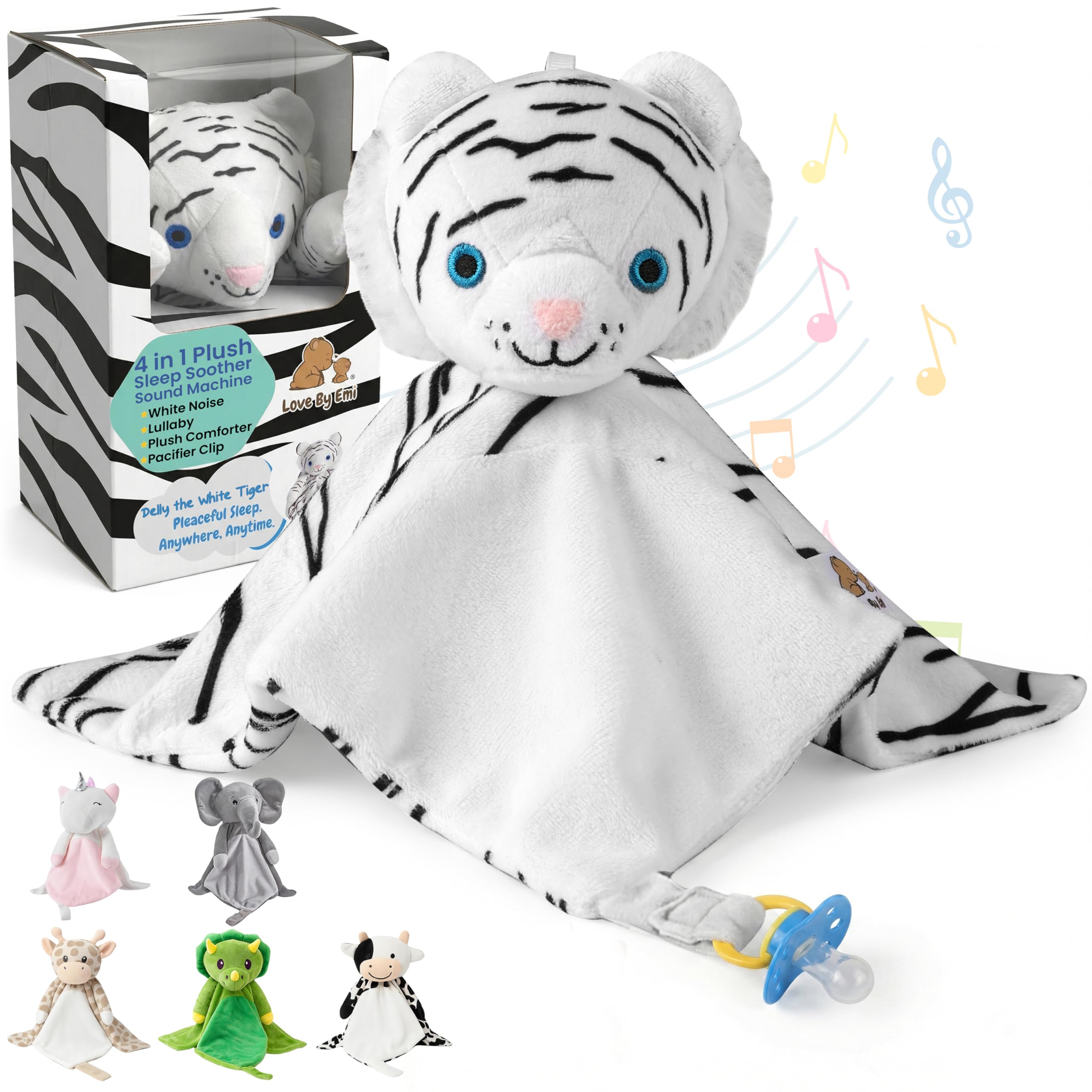 Love By Emi 4 in 1 Baby Lullaby Sleep Soother Toy - Stuffed Animal Sound Machine & Pacifier Holder | Heartbeat White Noise & Music | Plush White Tiger Lovey Sleep Aid Security Blanket (0-3 Years)