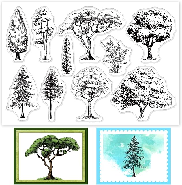 GLOBLELAND Trees Clear Stamps Plant Landscape Sketch Silicone Clear Stamp Seals for Cards Making DIY Scrapbooking Photo Journal Album Decoration