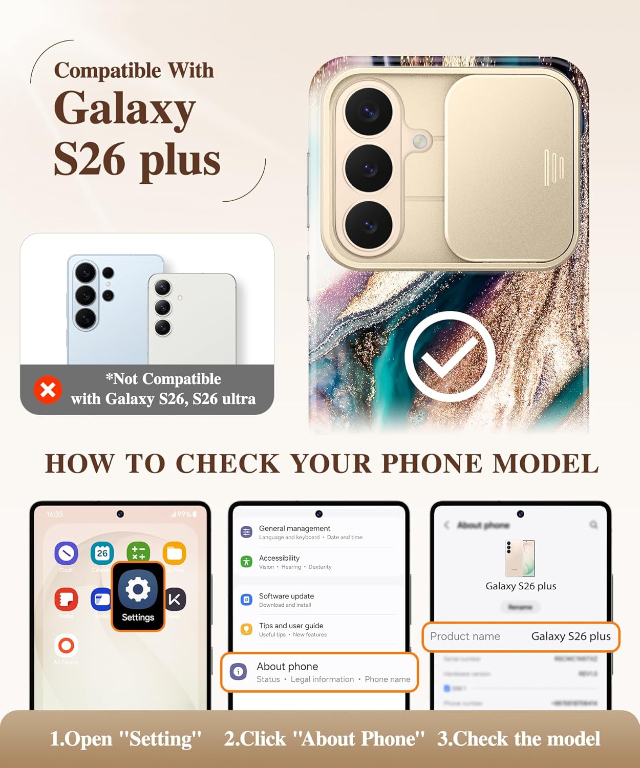 GVIEWIN for Samsung Galaxy S26 Plus Case, [Slide Camera Cover & Built-in Screen Protector] [Military-Grade Shockproof] Marble Rugged Full Body Protection Phone Case for S26+ Plus 6.7",Drift Sand/Brown